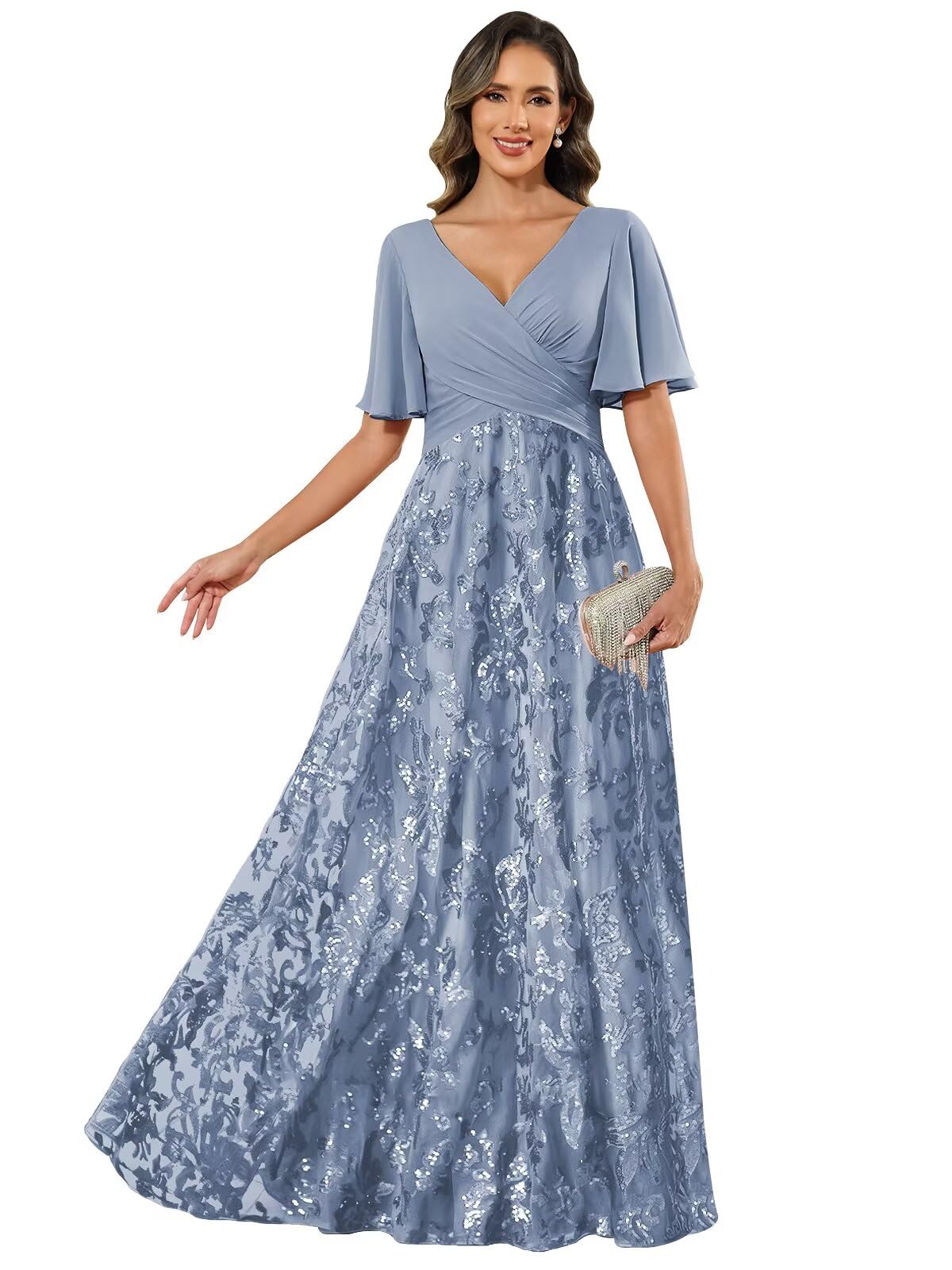 YXFDKZIB V Neck Mother of The Bride Dresses for Women Half Sleeve Sequin Lace Evening Formal Dress