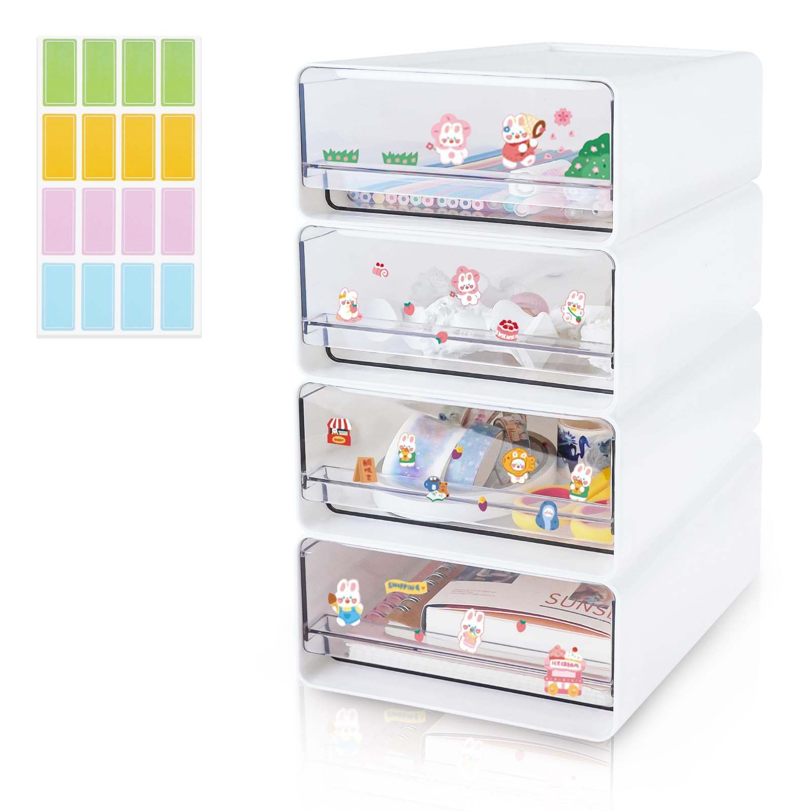 4 cassettiera in plastica impilabile con 3 cassetti e etichette, traslucida cassettiera in plastica da scrivania, organizer per trucchi, grande capacità