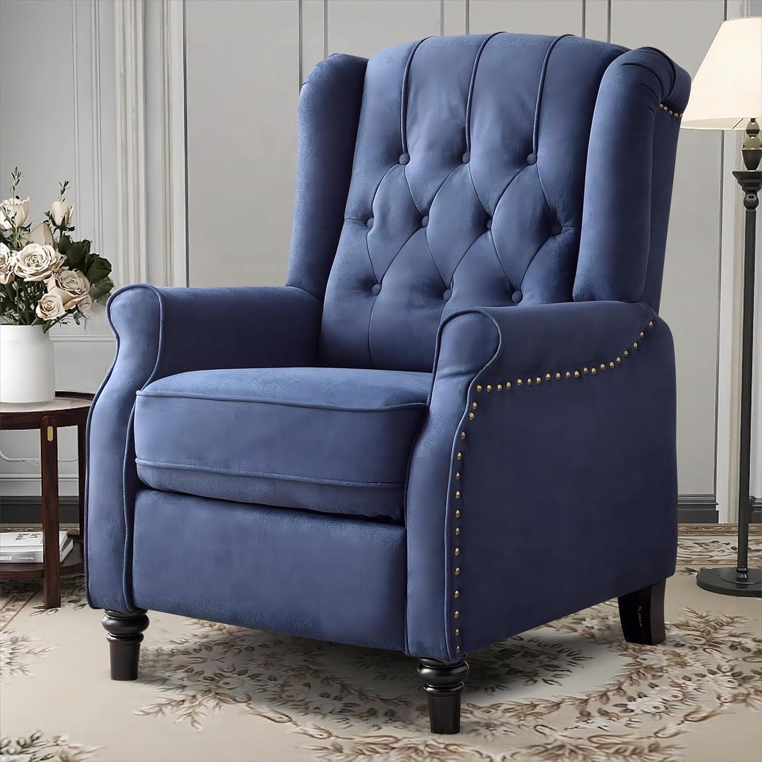 EBELLO Pushback Recliner Chair, Fabric Armchair Push Back Recliner with Rivet Decoration, Single Sofa Accent Chair for Living Room, Bedroom, Navy Blue