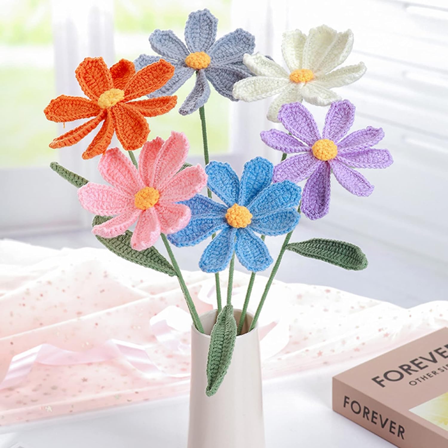 Emivery Crochet Flowers, 6Pcs Knitted Daisy Artificial Flowers Handmade Crochet Flower Bouquet Fake Daisies Centerpieces for Home Room Office Table Decor