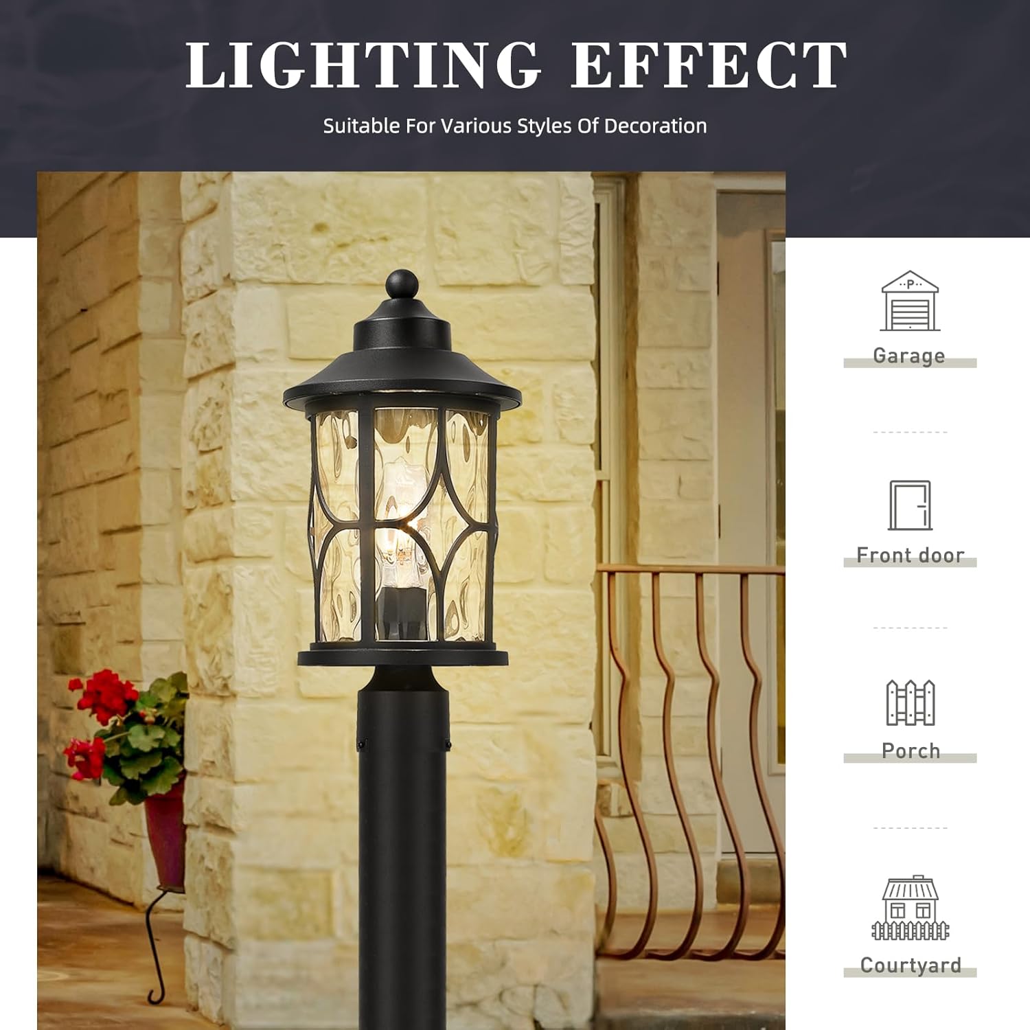 zeyu 17 Inch Black Outdoor Post Lights, Modern Exterior Pole Light, Lamp Posts Outdoor Lighting for Garden Patio, Die-Cast Aluminum with Clear Water Ripple Glass, ZX48MP-WG BK