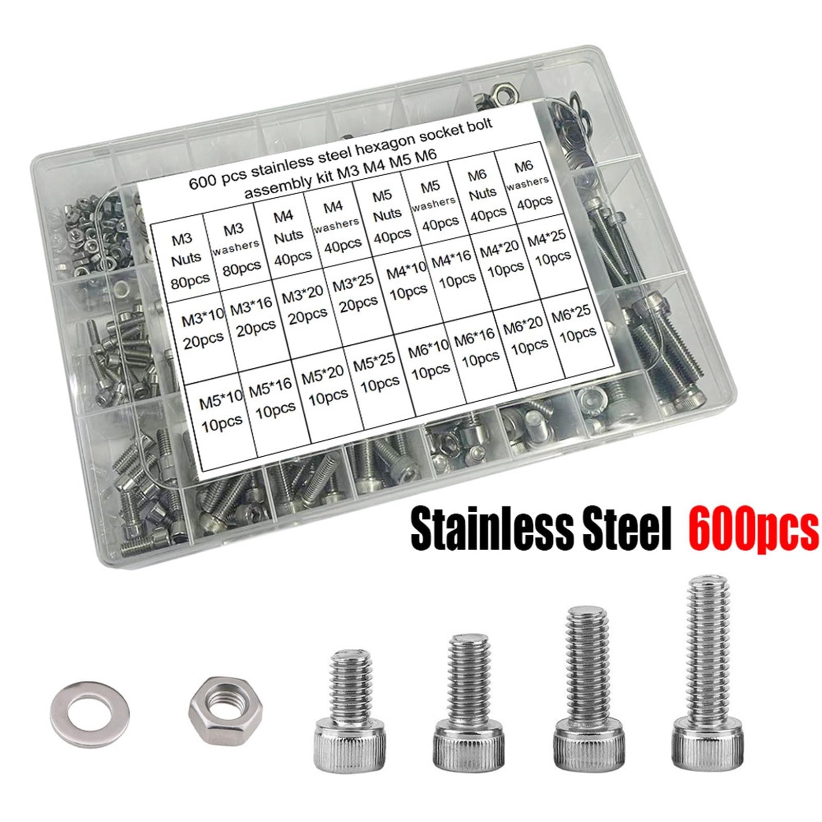 Juego De Tornillos Y Tuercas Kit de tuercas y pernos hexagonales acero inoxidable 600 piezas, M3 M4 M5 M6 for equipos industriales mantenimiento del hogar
