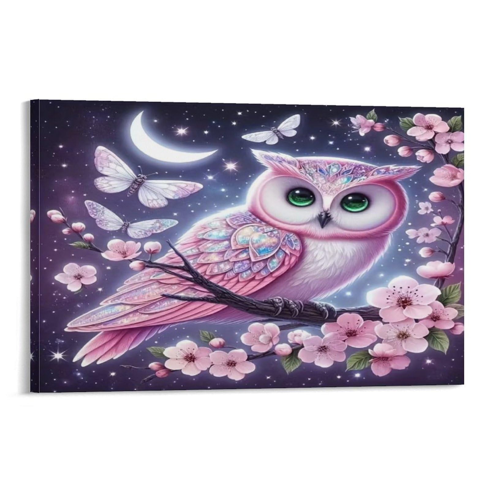 CPLVKWRQJ Snowy Owl Under Starry Sky Individual Pink Owl Cherry Blossom Crescent Moon Night Canvas Wall Hanging - Office Wall Focal Art Fade Resistant Statement Piece Decor 20x30inch(50x75cm)