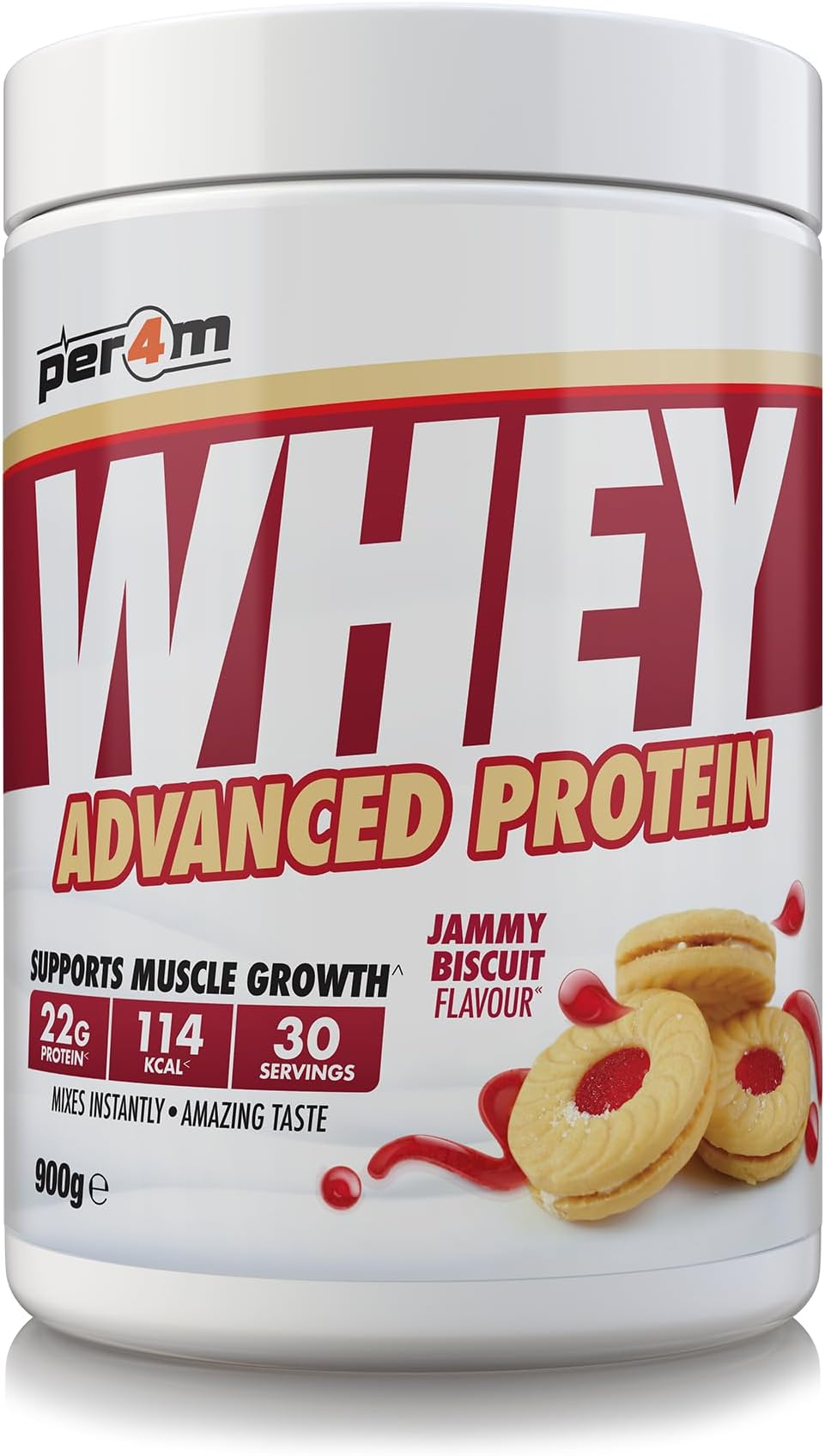 Whey Protein Powder | High Protein Shake for Muscle Growth & Recovery | Low Sugar Gym Supplement | Sports Nutrition Drink + Amino Acids (900g, Jammy Biscuit)