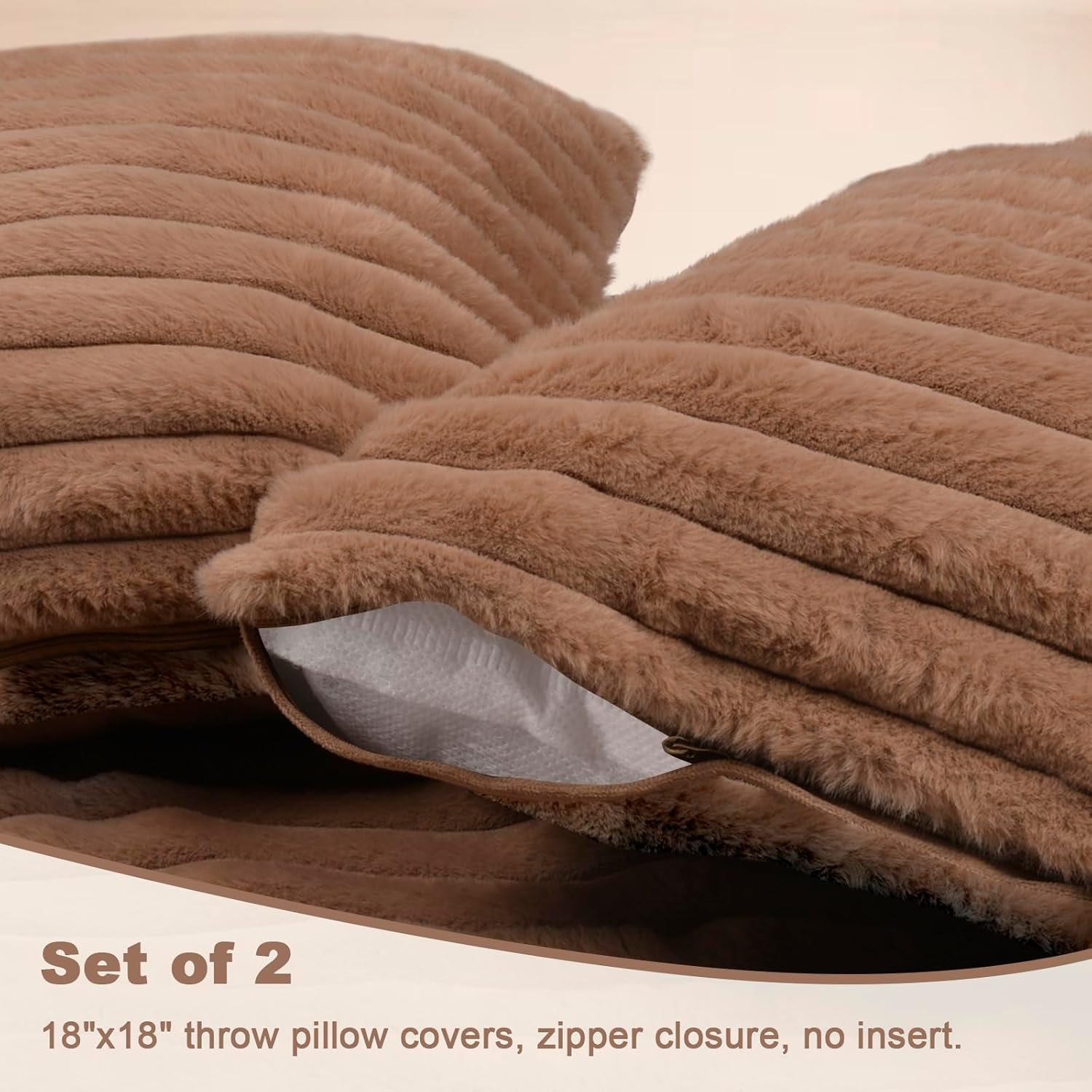 Blanket & Throw Pillow Covers Set - Dual-Sided Faux Fur Fluffy Blanket (50" x 60"), 2 Pcs Cozy Plush Throw Pillow Cover (18" x 18"), Soft Fuzzy Decorative Coach Decor for Bed Sofa Living Room, Brown - Image 4