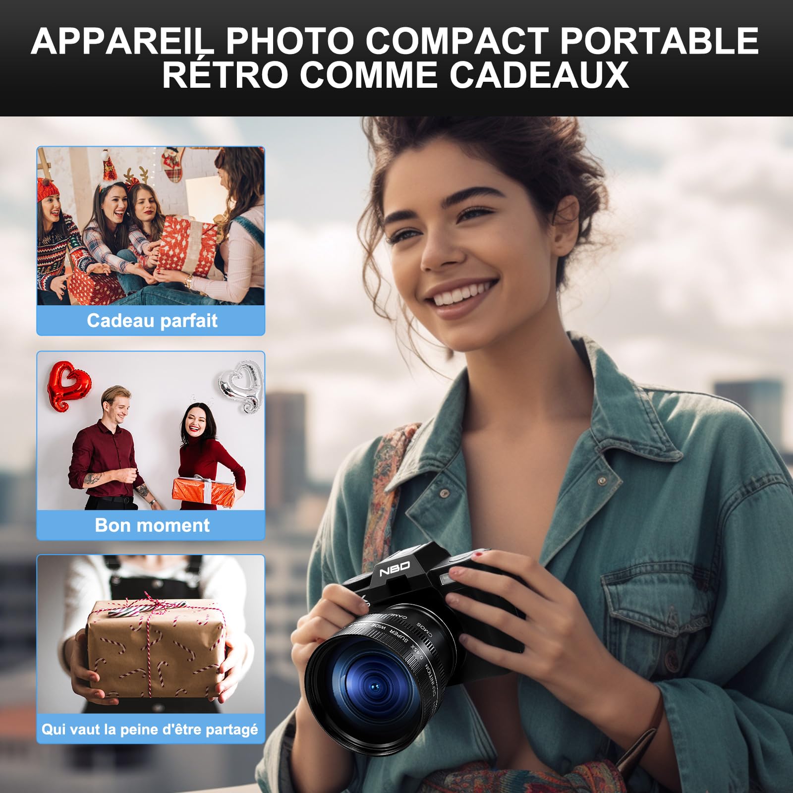NBD Appareil Photo numérique 4K 48 MP autofocus avec Grand Angle et Macro, Zoom 16x, Carte 32 Go et Microphone, Écran IPS 3" 180°, WiFi (Noir)