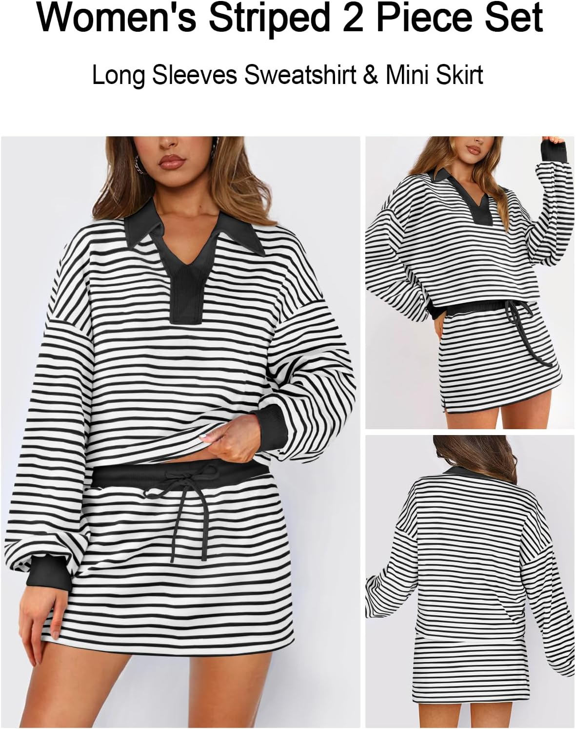 Women's Striped 2 Piece Set for women Sweatshirt Mini Skirt Sets Tennis Workout Tracksuit Matching Lounge Outfits - Image 2