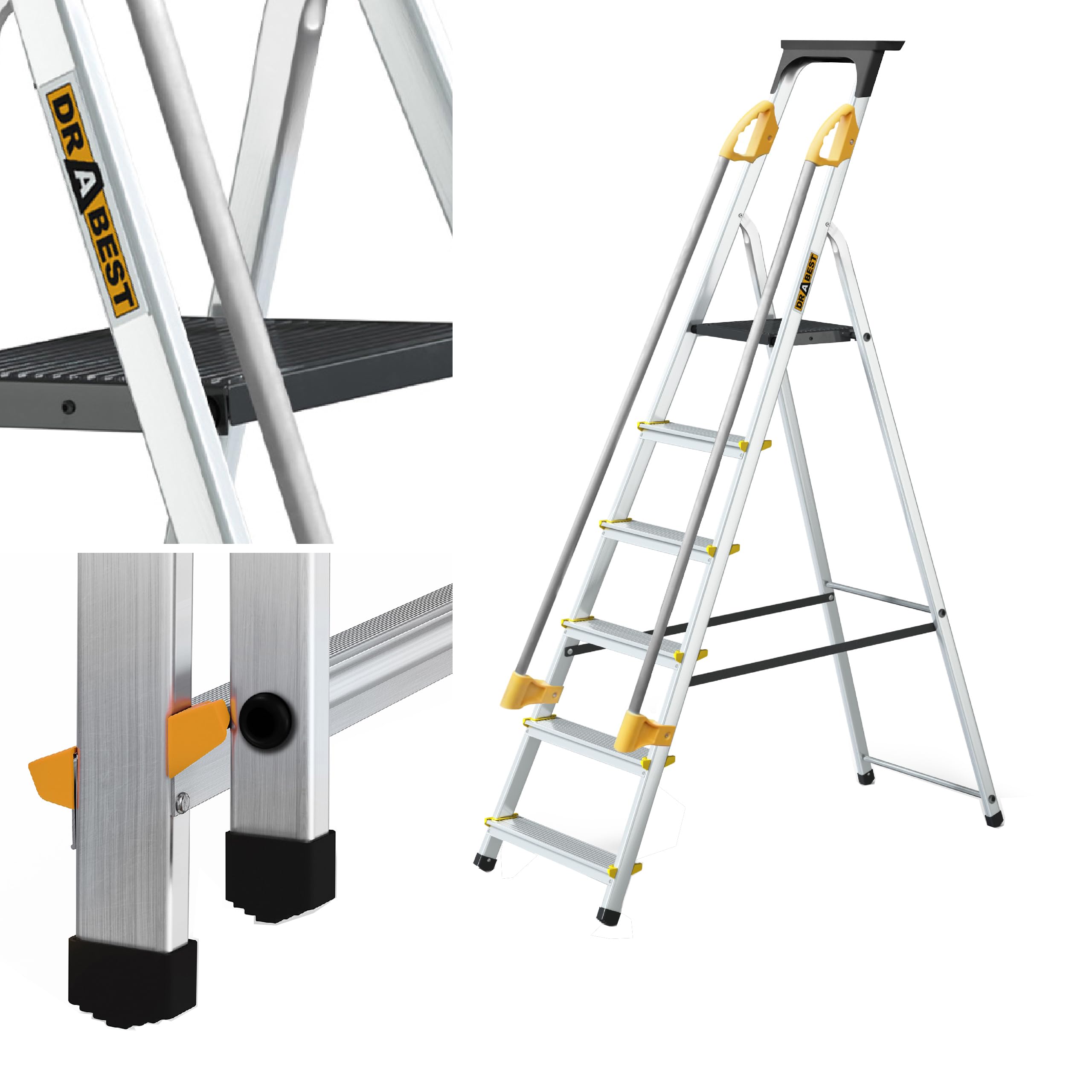 DRABEST PRO SERIES 6 Step Ladder Folding - Aluminum Folding Ladder - Lader with Safety Handrails & Work Platform - Stepladders 6 tread - Capacity 150 KG - Multi-Purpose Ladders - 48x193x12cm