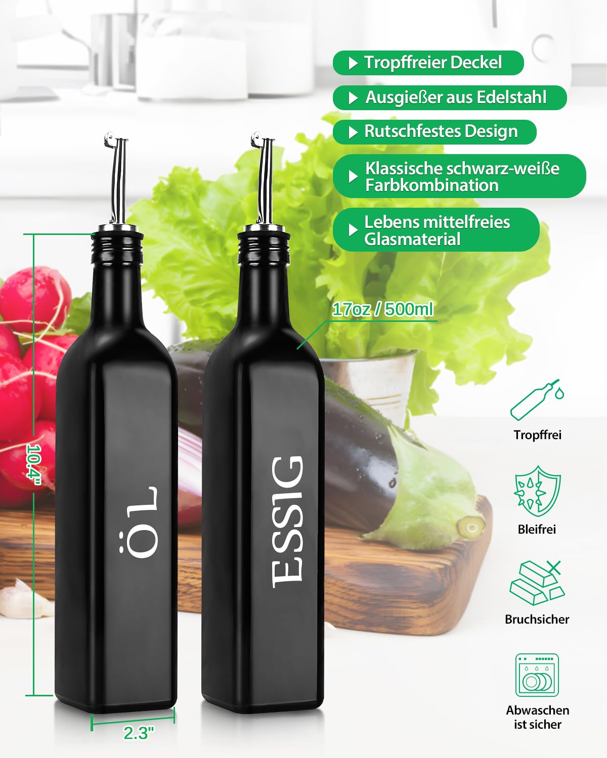 DaiRen Kitchen 2-tlg. Öl- und Essigspender-Set, Schwarz-Weiß Olivenölflaschen-Spender mit Ablagehalter und Edelstahl-Ausguss, 500 ml süßes Vintage-Glas-Set für die ländliche Küche (Typ 2)