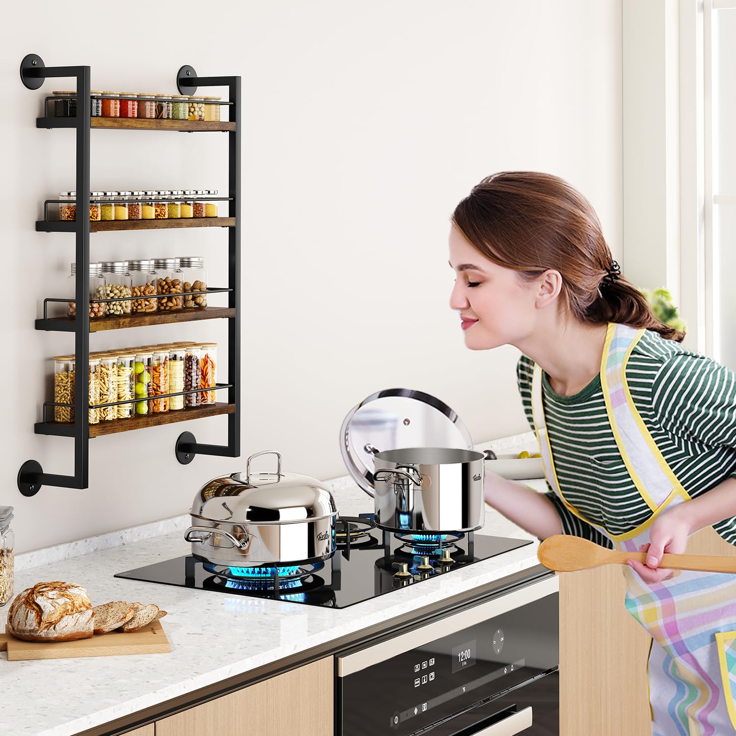 IBUYKE LJ016H - Portaspezie da parete, 4 ripiani, grande organizer per spezie fino a 50 bicchieri, in legno, per cucina, porta armadio, bagno, dispensa, marrone