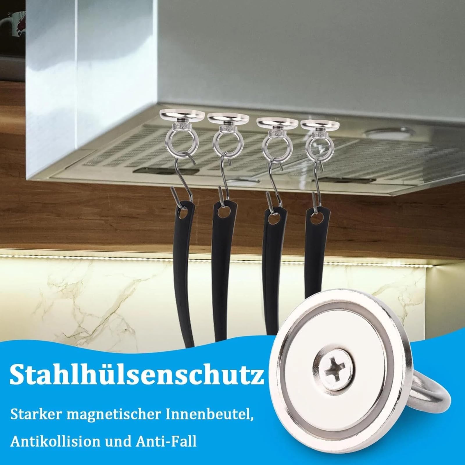 Produktbild von 4er Set Starke Neodym Magnete 32mm Mit 45 Kg Zugkraft, Inkl. Ringschrauben – Perfekt Zum Angeln, Aufhängen & Co.