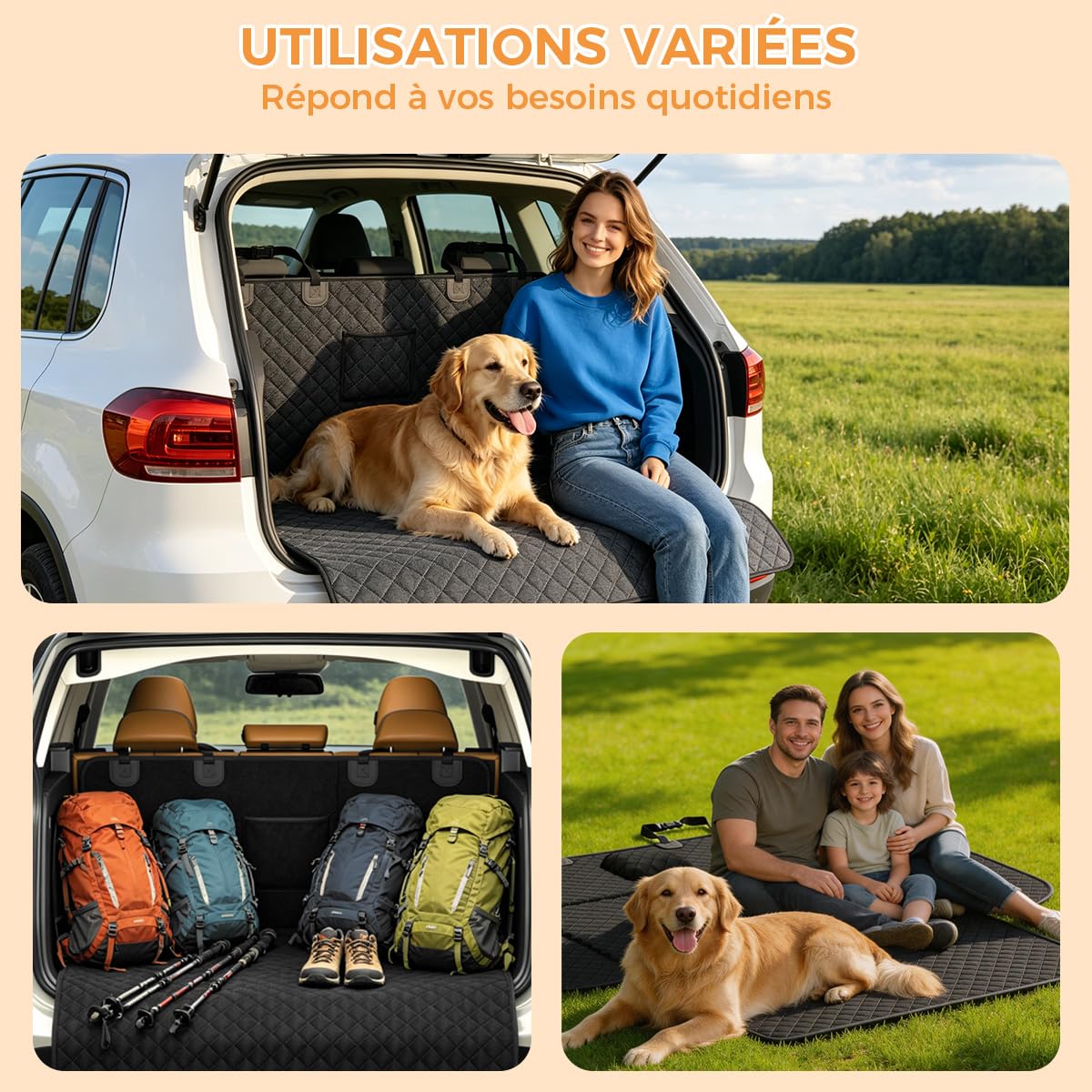 Protection de coffre pour chien, couverture pour coffre de voiture pour chien matelassée avec protection latérale et de seuil de chargement, tapis de protection universel pour coffre pour