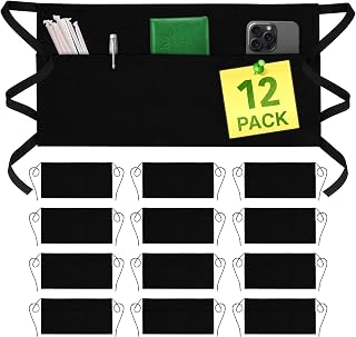GREEN LIFESTYLE 12 Pack Black Server Aprons with 3 Pockets - Durable Water-Resistant Waist Aprons for Men Women Waitstaff