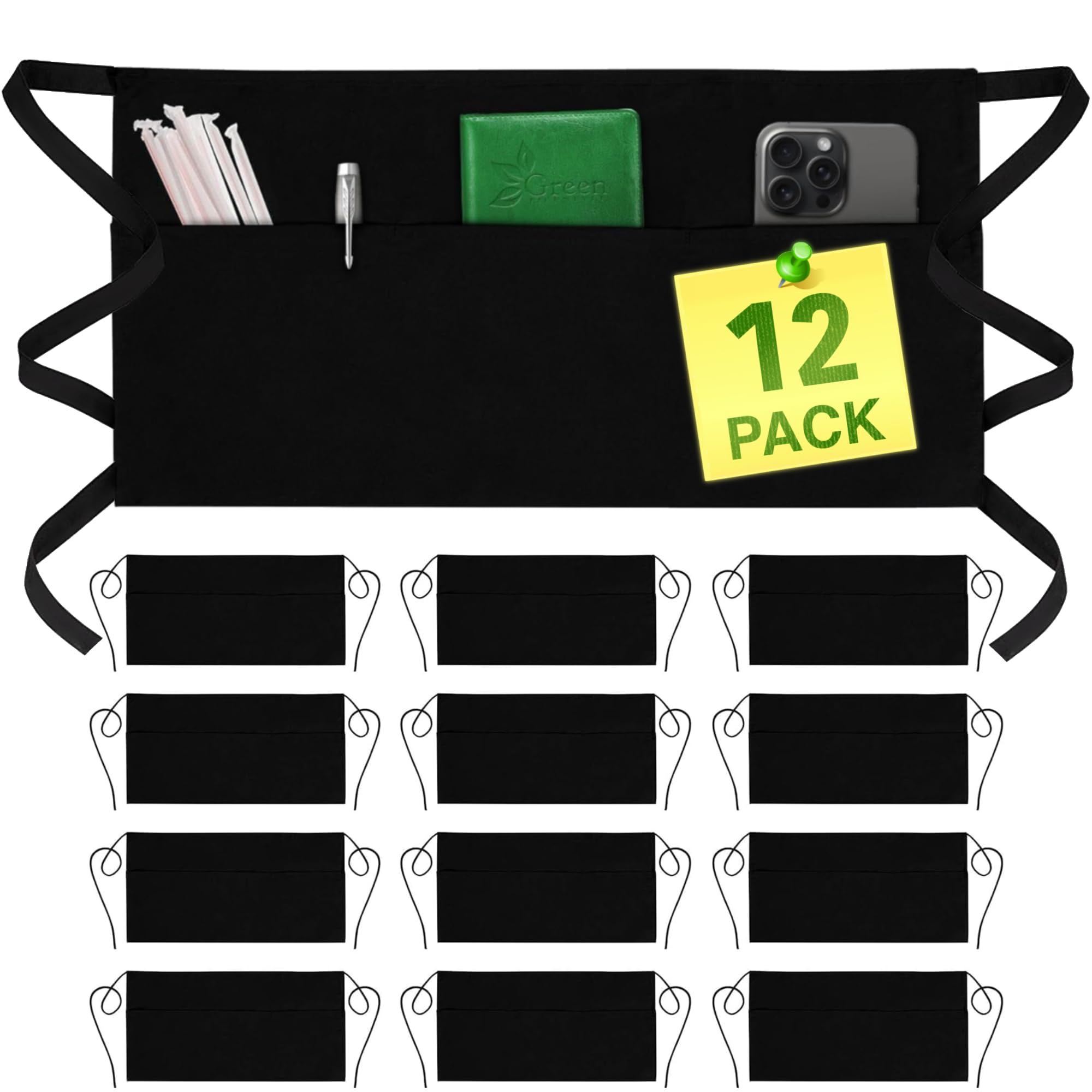 - GREEN LIFESTYLE Server Aprons with 3 Pockets - Waist Apron, Waitress Apron for Women and Man, Water Resistant with Long Waist Strap Reinforced Seams, Half Apron (12 Pack - Black)