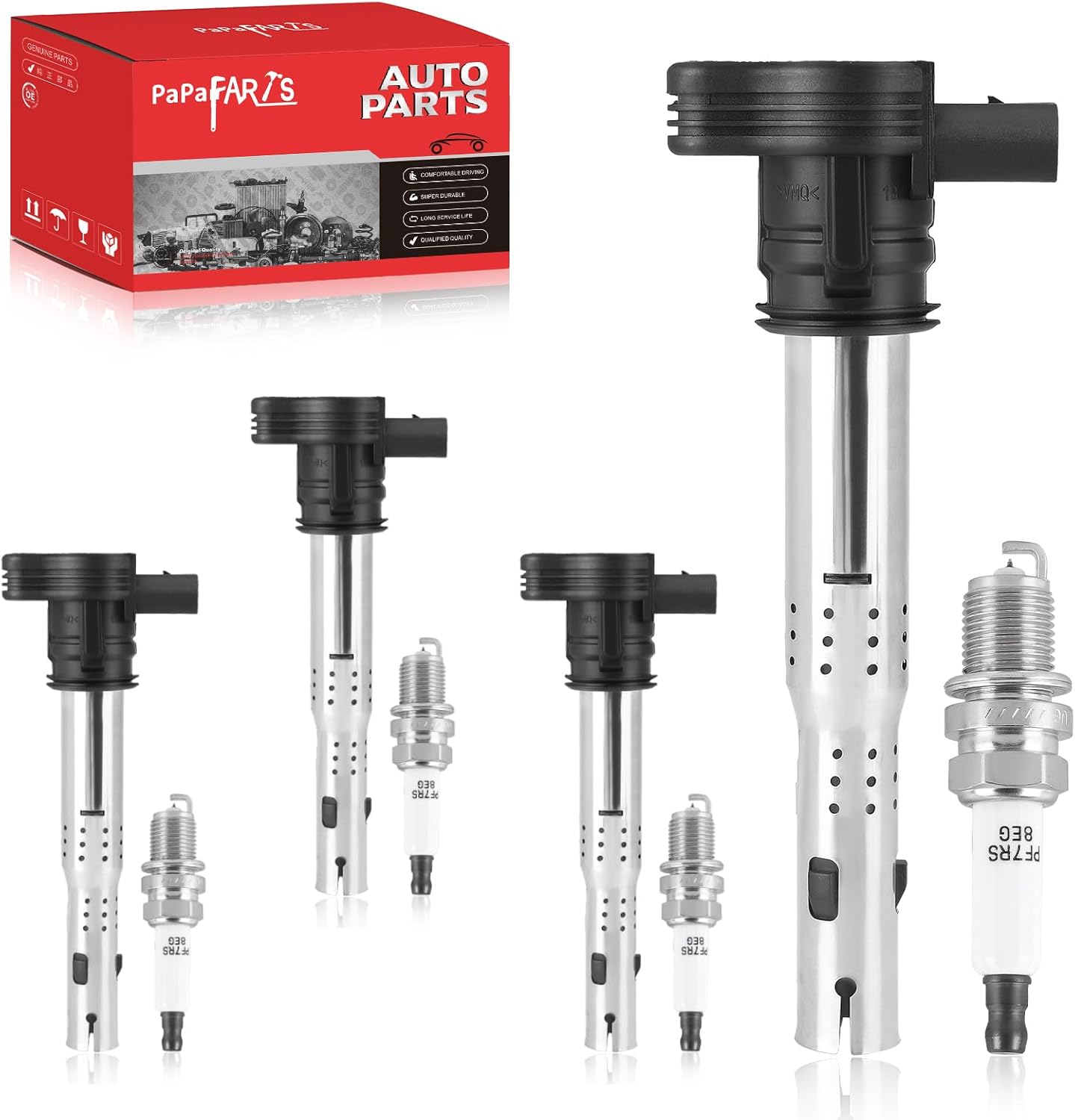 PAPAPARTS Set of 4 Ignition Coil Pack UF575 and Spark Plugs Compatible with Volkswagen CC Tiguan Eos GTI Beetle Golf Jetta Passat Audi TT A4 A5 Q3 Quattro A5 Q5 A3 A4 A6 RS5 L4 2.0L