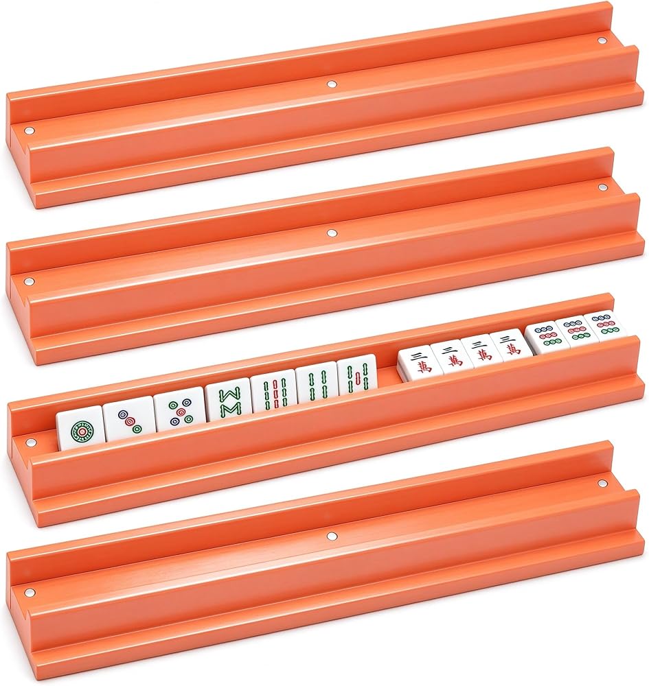 20" Integrated Magnetic Wooden Mahjong Racks with Pushers, Premium Hardwood Straight Edge Tile Racks, Set of 4, Coral — 사진 1