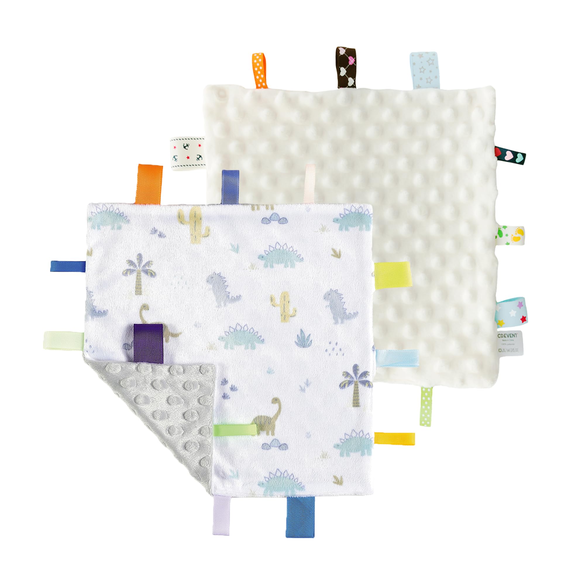 CREVENT Tag Security Blankets for Babies, Soft Small Loveys for Boys, Baby Comforter Sensory Blanket, Great Gifts for Birthday Baby Shower (10"X10" Dino + Ivory)