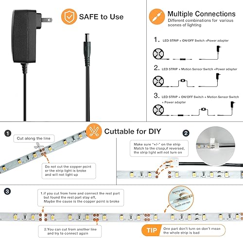 Miniatura 3 de Sensky Kit de tira de luces LED activadas por movimiento, de 19.7 pies, sensor de movimiento flexible para dormitorio, segura para armas, debajo del