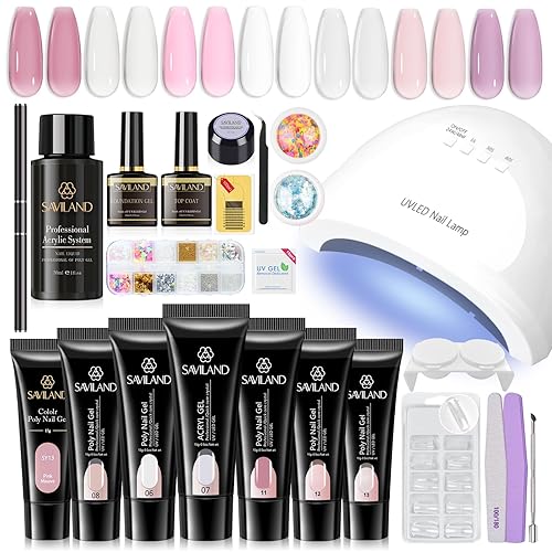Saviland Kit de iniciación de uñas de gel de polietileno aceite de ricino, vitamina E, kit de gel de uñas de poli de 48 W, lámpara de uñas de 7