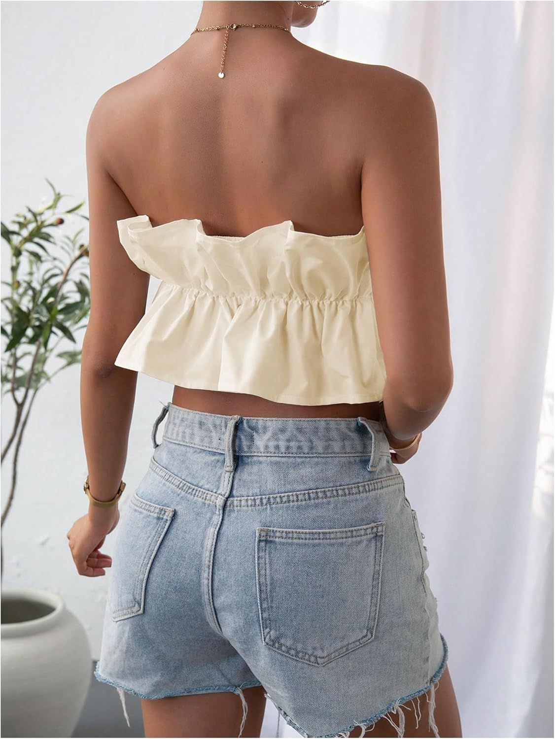 GORGLITTER Women's Strapless Bubble Tube Tops Ruffle Open Back Sleeveless Cute Summer Bandeau Peplum Crop Tops 2025 - Image 2