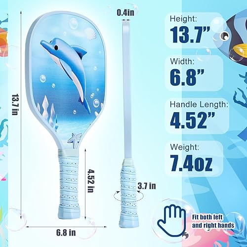 Miniatura 2 de Paquete de 2 palas para niños con 4 bonitas bolas de agarre pequeño, ligeras raquetas de fibra de vidrio para niños de 4 a 11 años