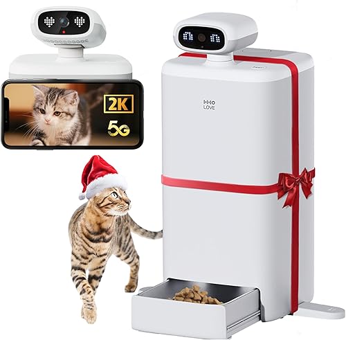 HHOLOVE Cámara para gatos de 360 con alimentador automático, cámara HD para mascotas 1080P con dispensador de comida para gatos, WiFi 5G con control