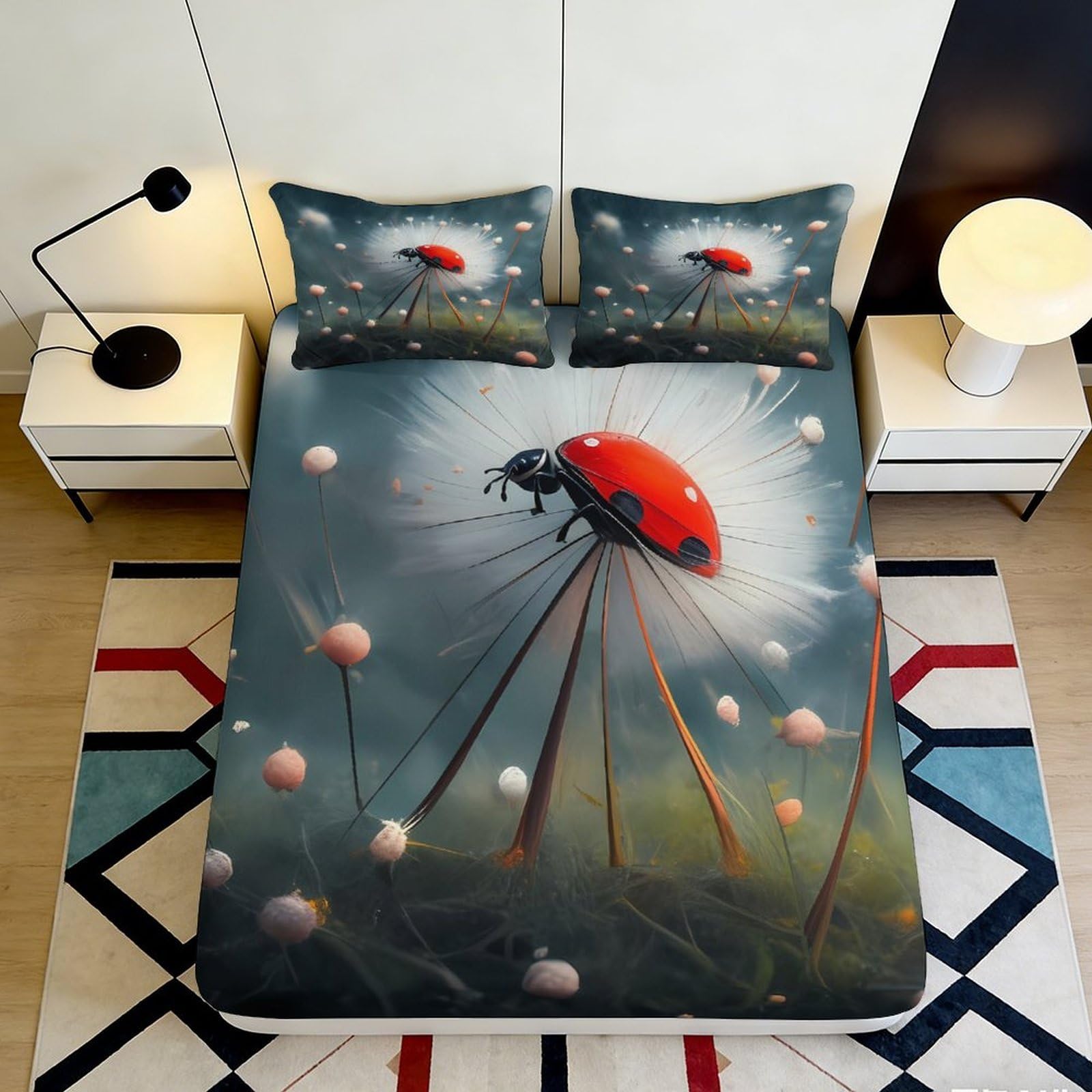 3D Printed Ladybug Meadow Fitted Sheet Microfiber Soft Non-slip Artistic Dandelion Bed Cover for Bedroom Guestroom Easy Care 90x200x25cm