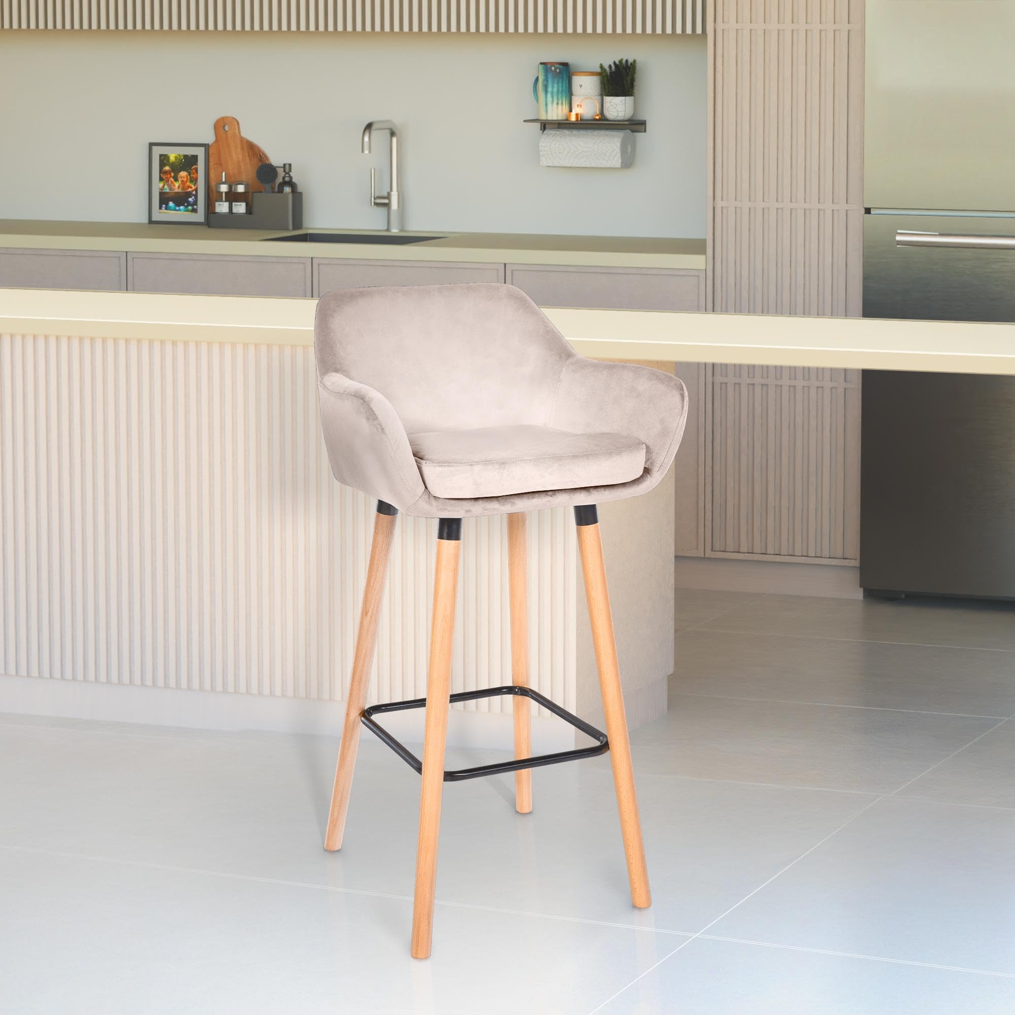 CLP Set de 2 taburetes Acolchados con Respaldo Grant, Taburete de Bar con Cubierta de Terciopelo, Estructura de Madera hasta 150 kg de Carga Color Crema