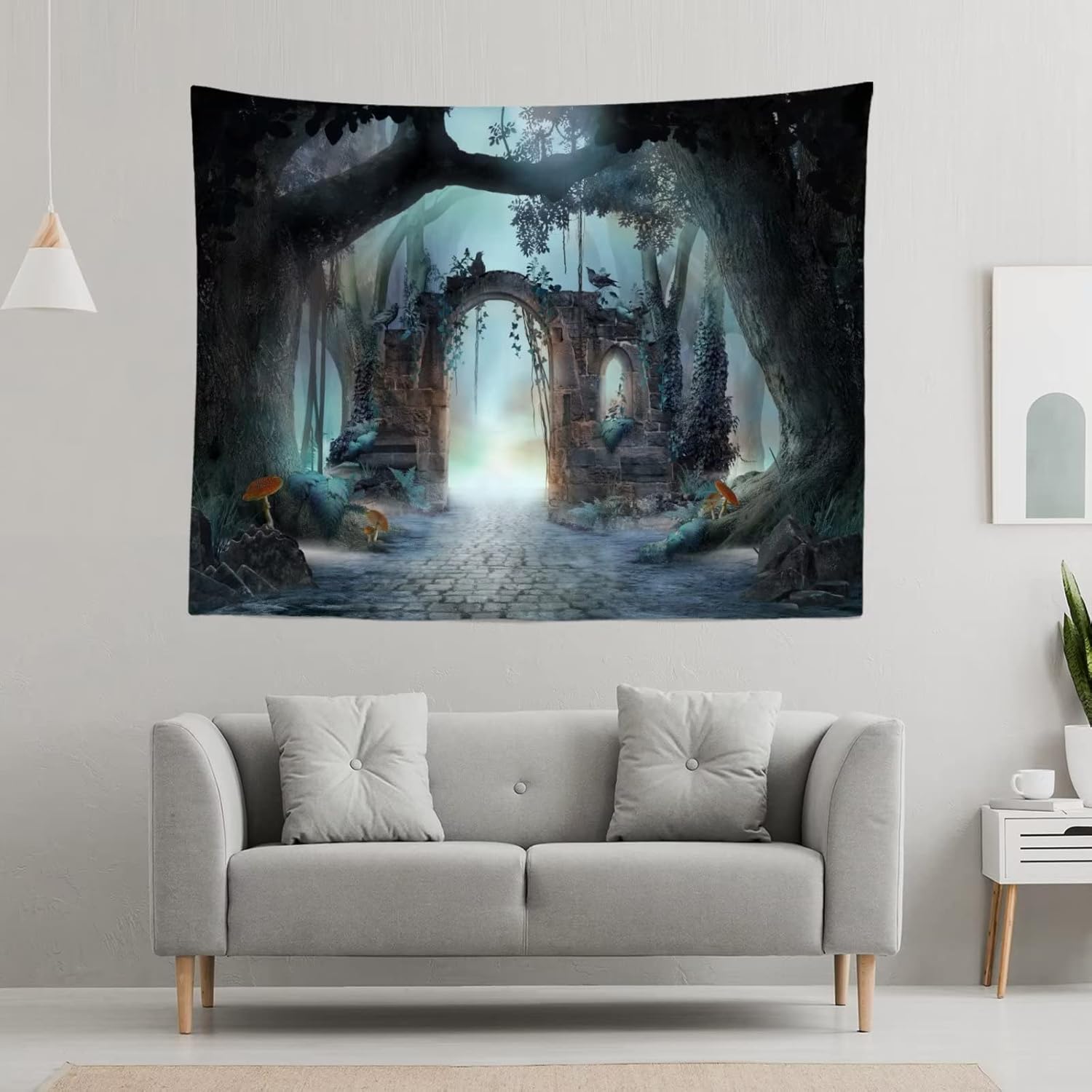 CORFOTO Fairytale Archway Tapestry Enchanted Forest Wall Hanging Hazy Dark Mood Landscape Art for Childrens Room Decorations Bedroom College Dorm Decor Picture 118 x 98in
