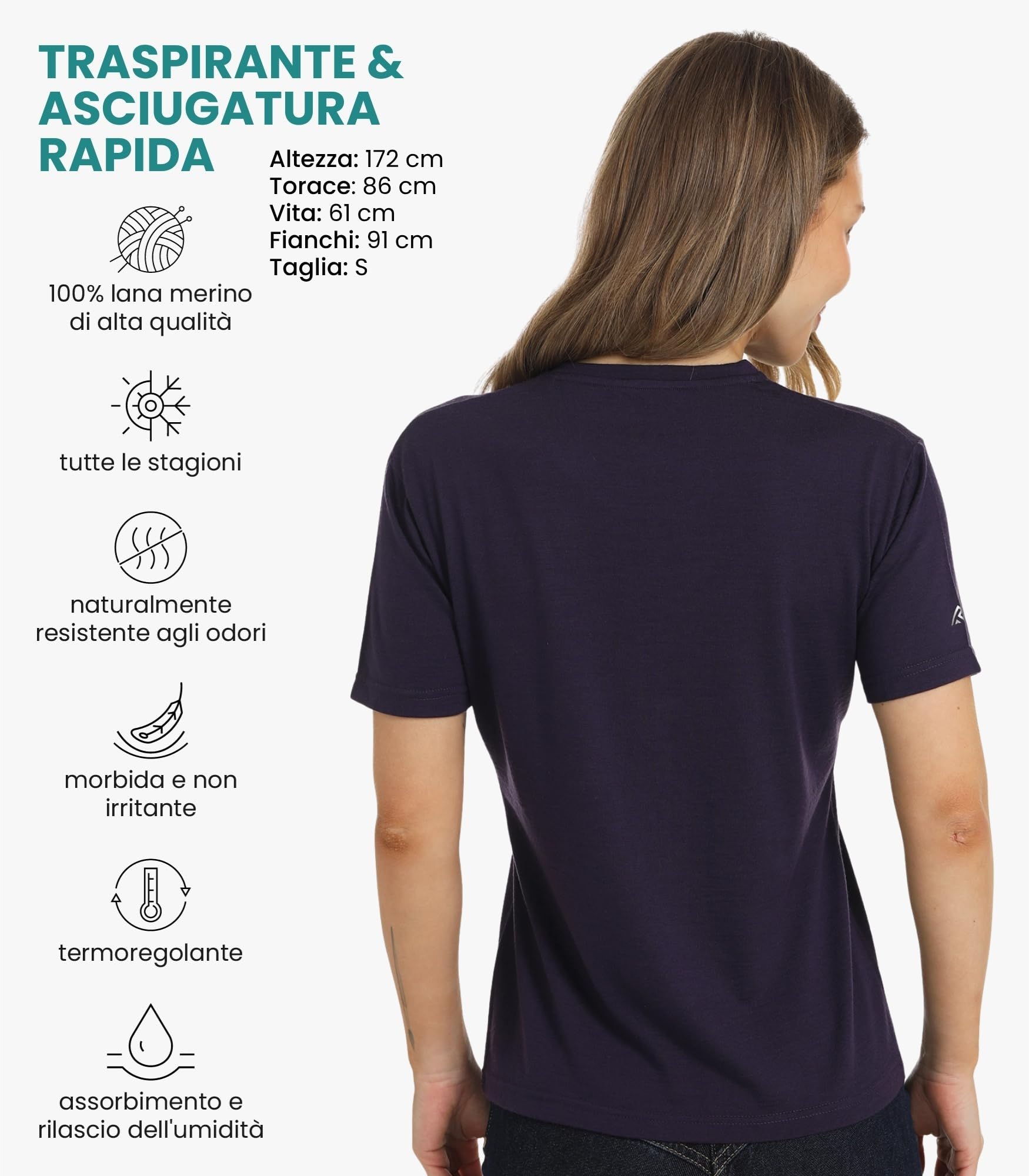 Merino.tech Maglietta Merinos Donna - 100% Maglia Termica Manica Corta in Lana Merinos con Calzini (Medium, Dark Purple Crewneck)
