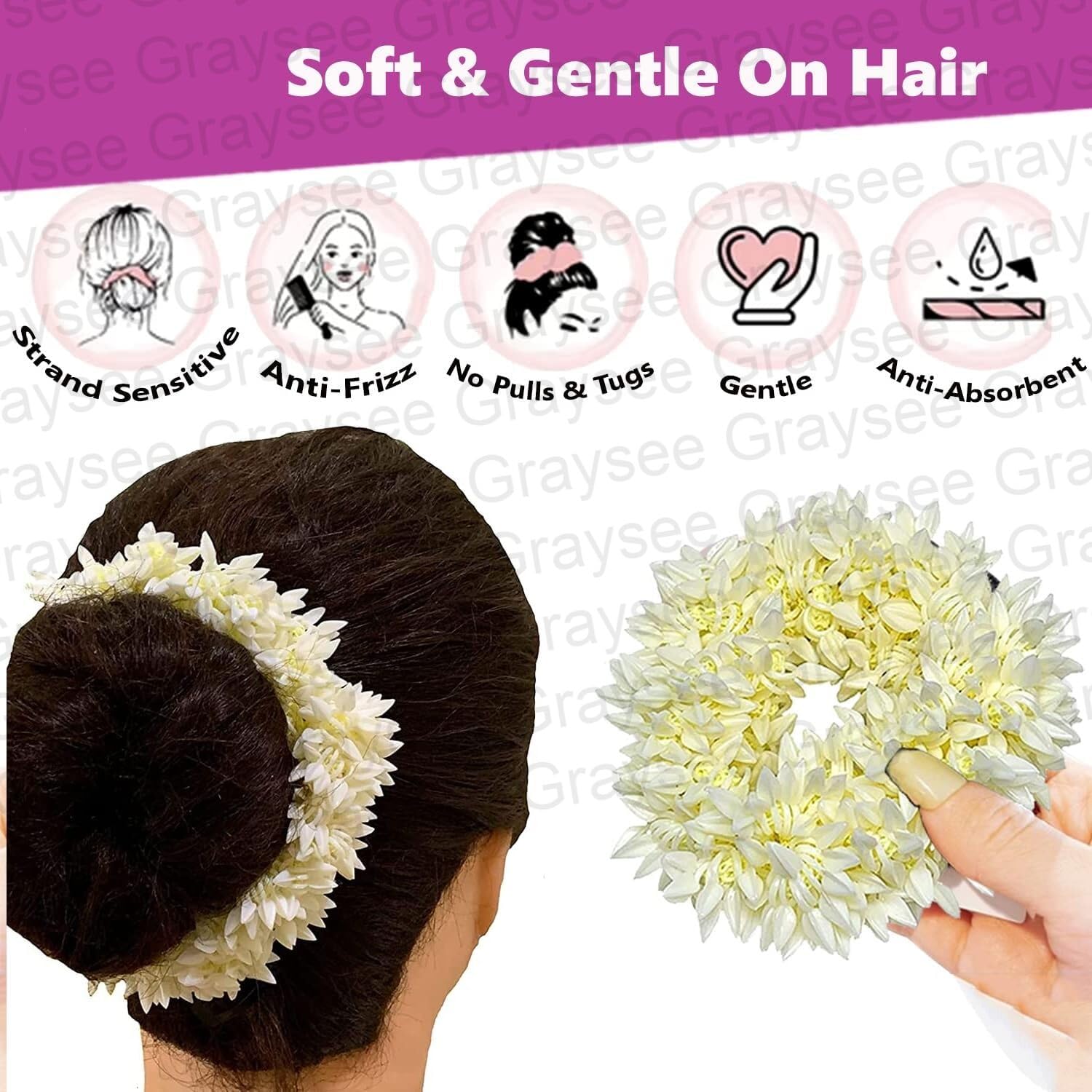 Graysee Scented Mogra Gajra Hair Accessories For Women & Girls - Hair Flower Bun Artificial Fake Gajra Scrunchies Rubber Band | Hair Braiders | Hair Gajra (Standard, Pack of 2) - Image 8 thumbnail