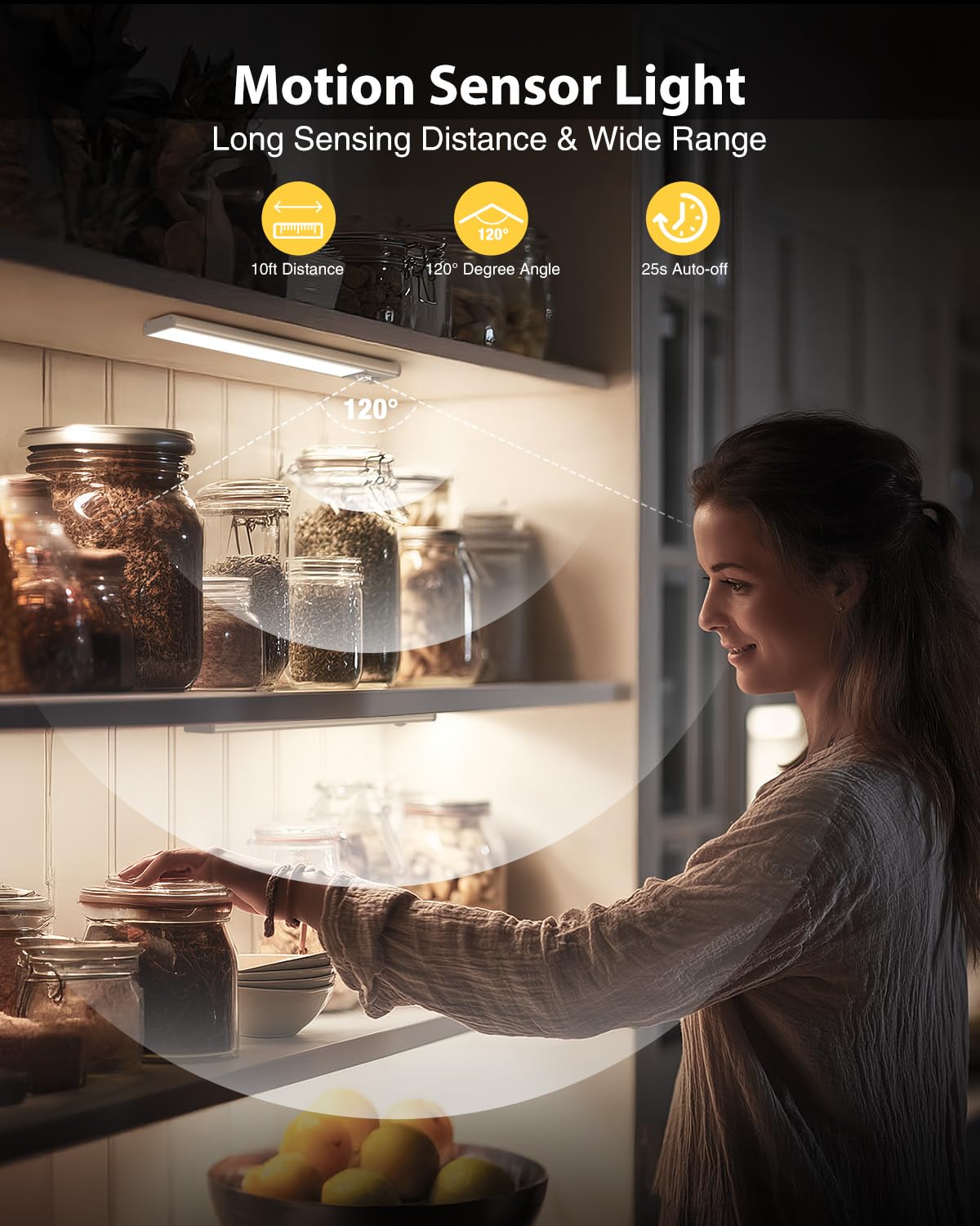 LED Under Cabinet Lighting, Battery Operated Motion Sensor Light Indoor Wireless, 3 Color Temps, USB Rechargeable Closet Light, Dimmable Under Counter Lights for Kitchen Stairs Closet Pantry, 2 Pack