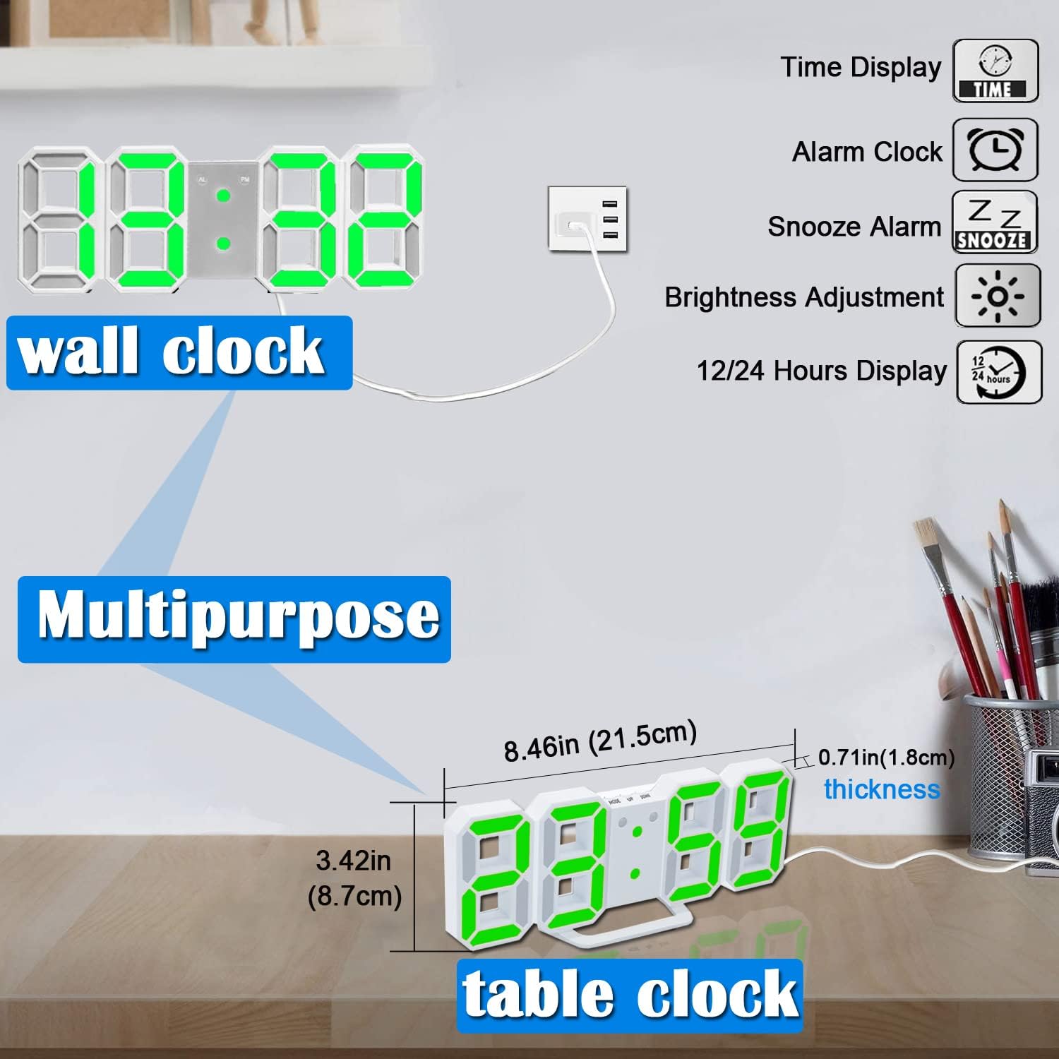 EAAGD 3D Digital Alarm Clock with 3 Adjustable Brightness, 12/24Hr, Snooze, Bedroom Desk Alarm Clock LED Nightlight Digital Wall Clock (White/Green)