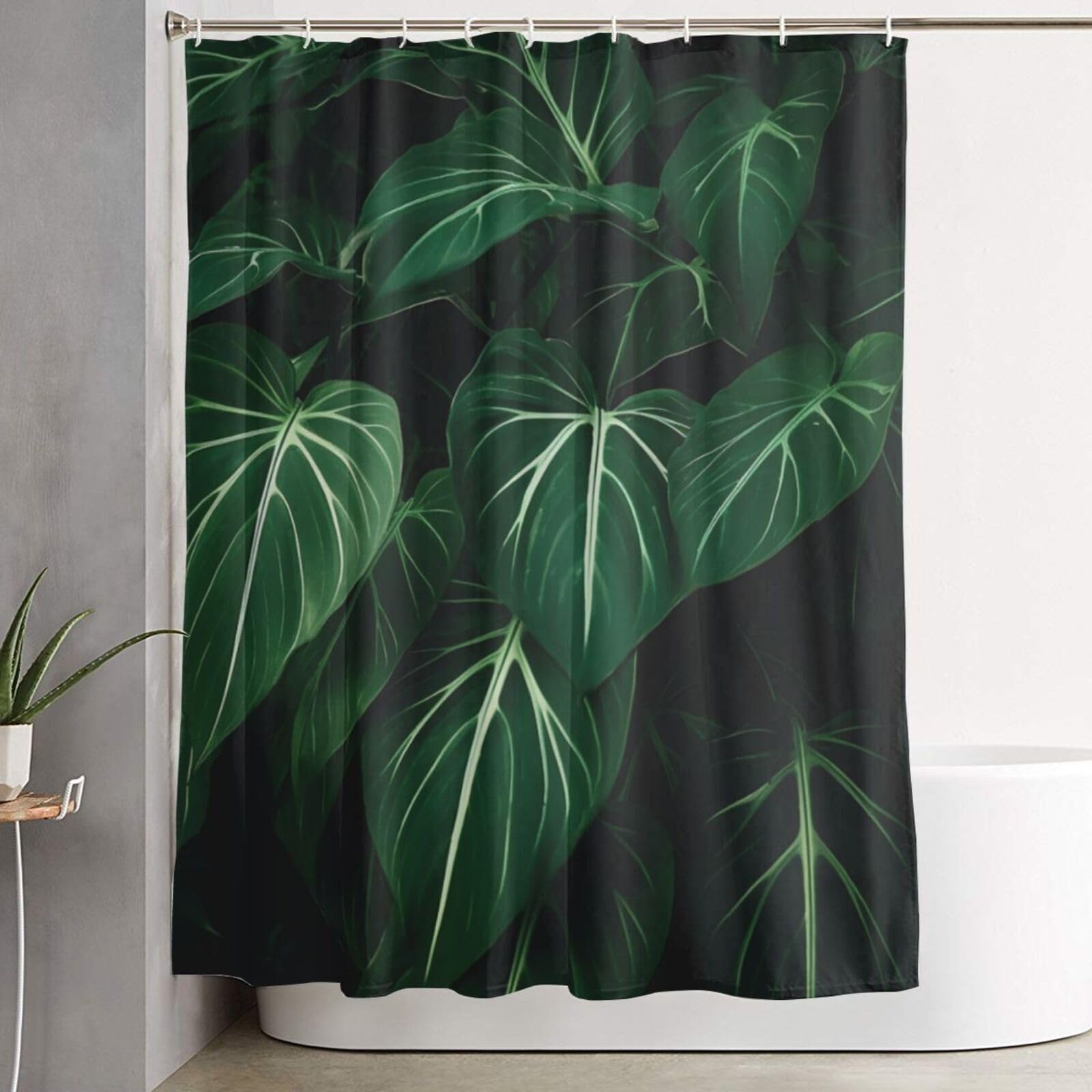 Rideau de douche épais avec 12 crochets motif feuilles longues vertes 182,9 cm