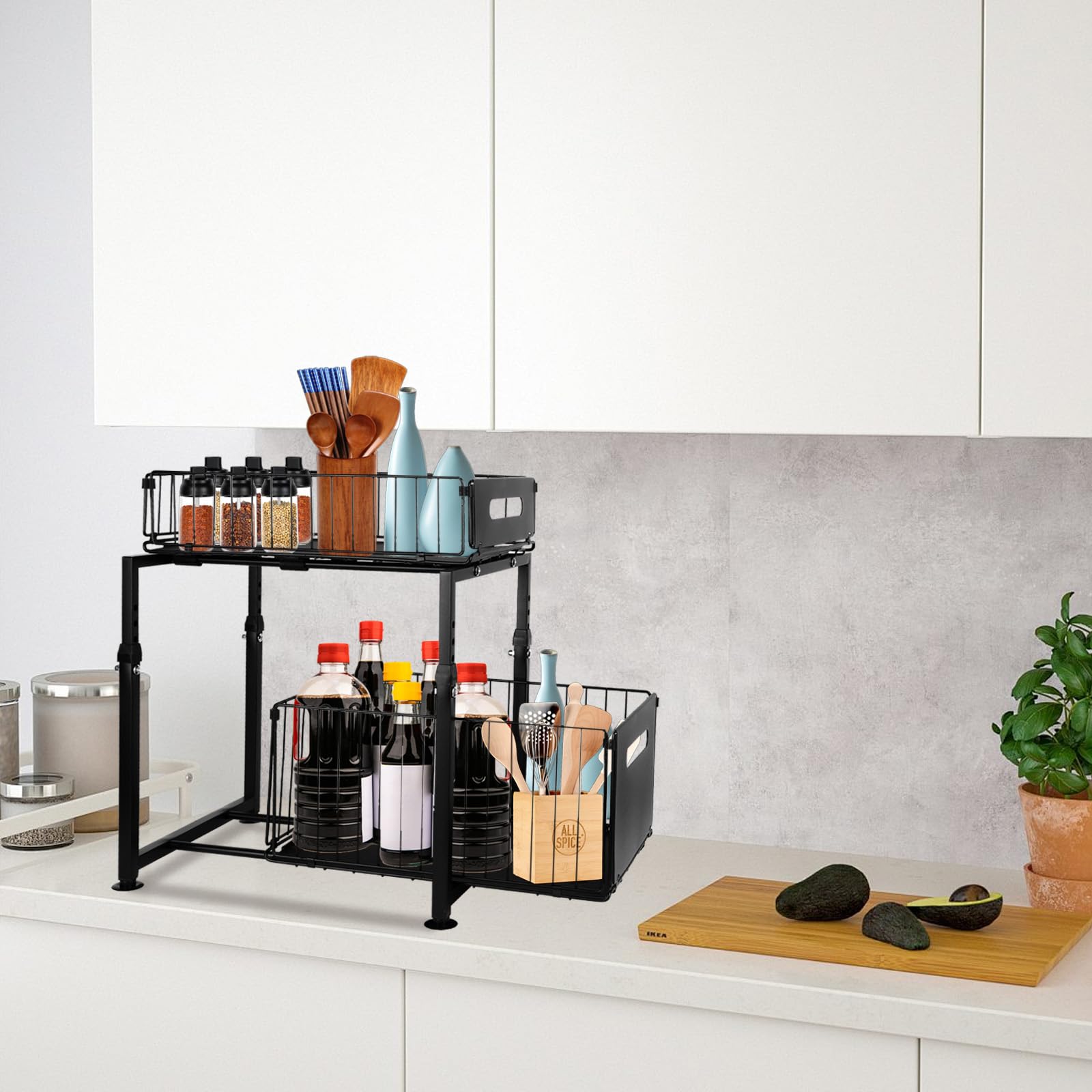 LANTUS Étagères de Cuisine pour Rangement sous Évier, Paniers Coulissants, Organisateur,tiroirs coulissants pour armoires, boîte de rangement coulissante pour la cuisine, 29 x 38 x 49 cm (Noir)