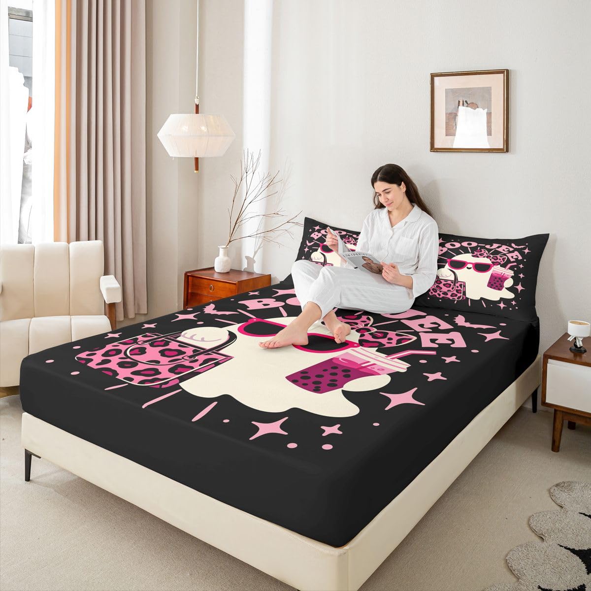 Homewish Sábana bajera ajustable tamaño king con diseño de fantasmas de