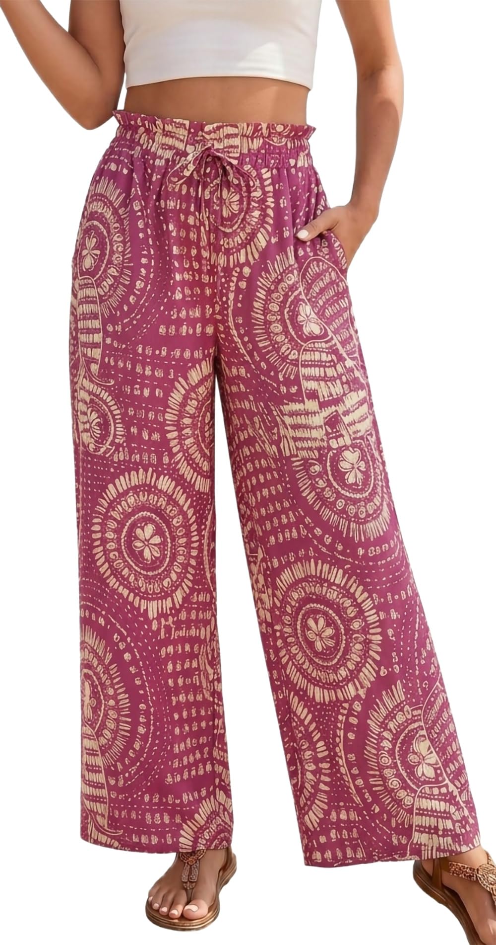 YUTILA Damen Sommerhose Weite High Waist Strandhose Boho Leichte Luftig Freizeithose mit Taschen Palazzo Hose Einfarbig & Muster