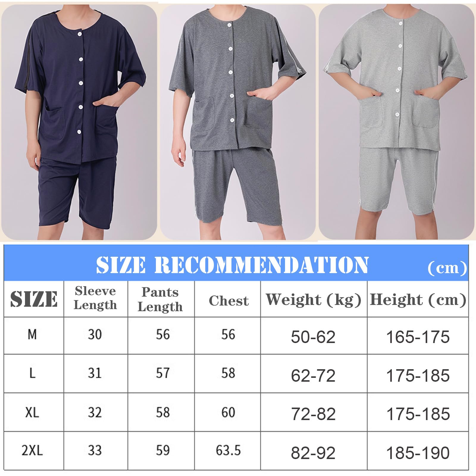 ApuaVireo&Co Męska odzież dla pacjentów leżących, odrywana piżama z krótkim rękawem, szpitalna koszula pielęgnacyjna(Blue,XL)