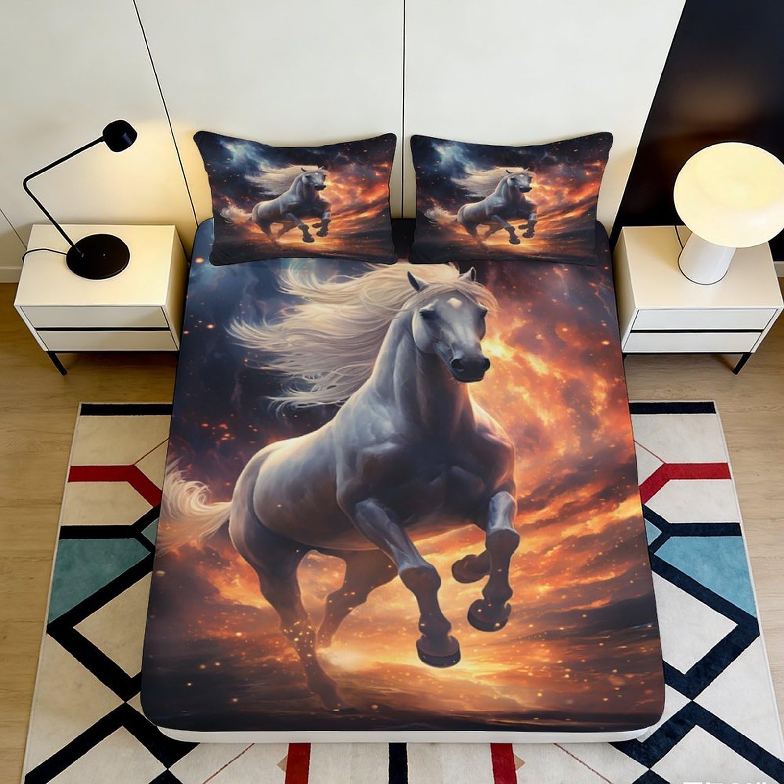 3D Printed Fiery Horse Fitted Sheet Microfiber Soft Breathable Cosmic Nebula Mattress Cover for Bedroom Dormitory Guest Room Protective Bed Decor 160x200x25cm