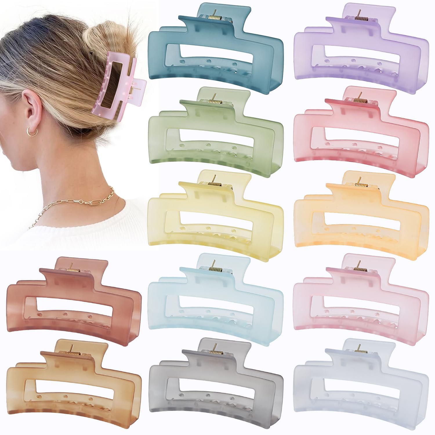Beauty Hair Claw Clutcher Clips Set, 12 Pieces, Rectangular Designs, Matte Finish, Multiple Colors Rectangle Clutcher For Girls and Women-image-29