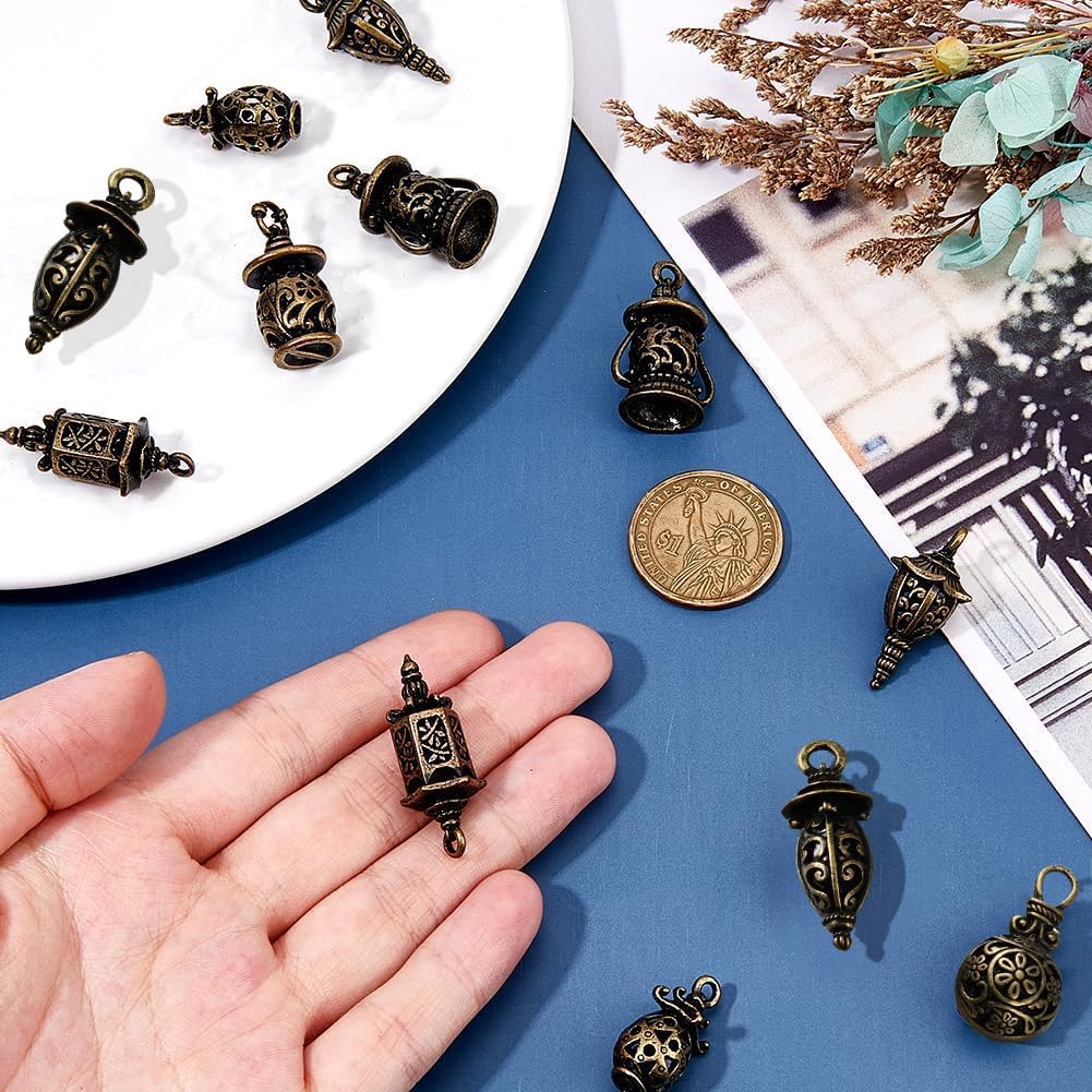 SUPERFINDINGS 12Pcs 6 Styles Tibetan Metal Charms Kerosene Lantern Pendants 3D Filigree Pendant Charms Antique Bronze Charm Camping Hanging Lamp Ornaments for Bracelet Necklace Keychain Making - Image 3