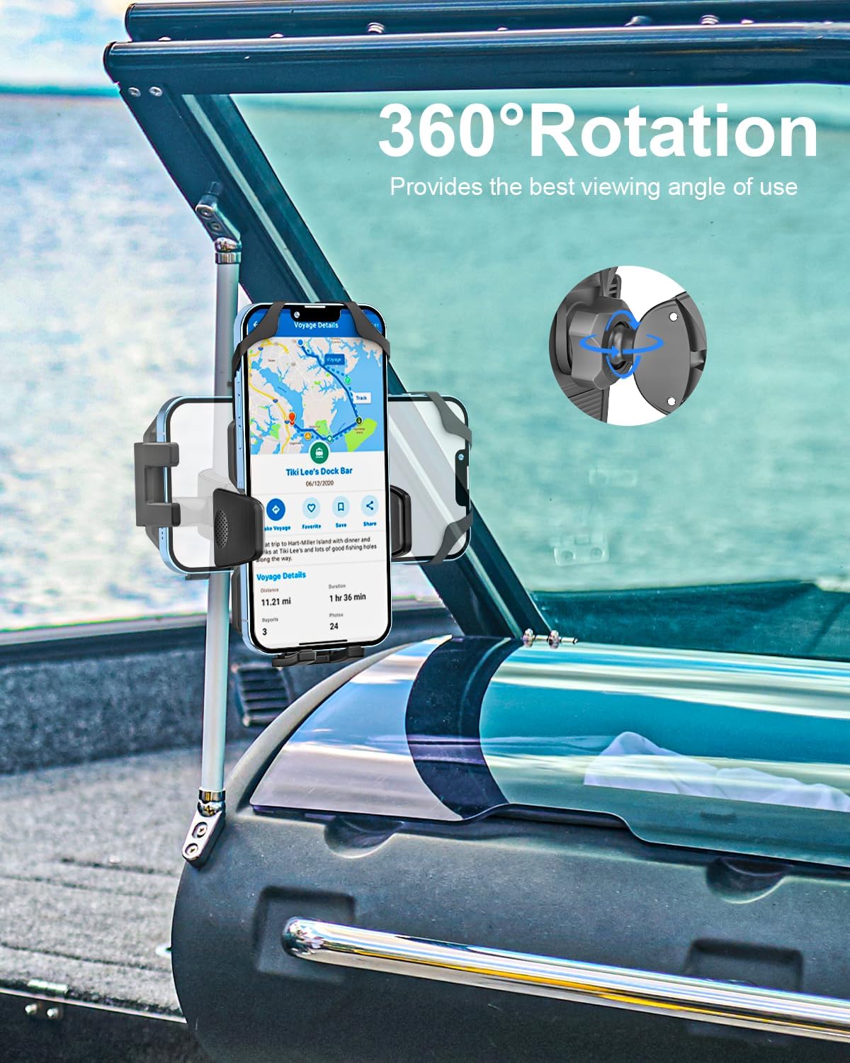 woleyi Boat Phone Mount - [Security Straps] Marine Helm Cell Phone Holder, Ultra Stable Handle Bar Pole Clamp for Boat Rail Accessories, for iPhone 17 Air Pro Max 16 15 14 13 12, Galaxy, 4.7-7" Phones