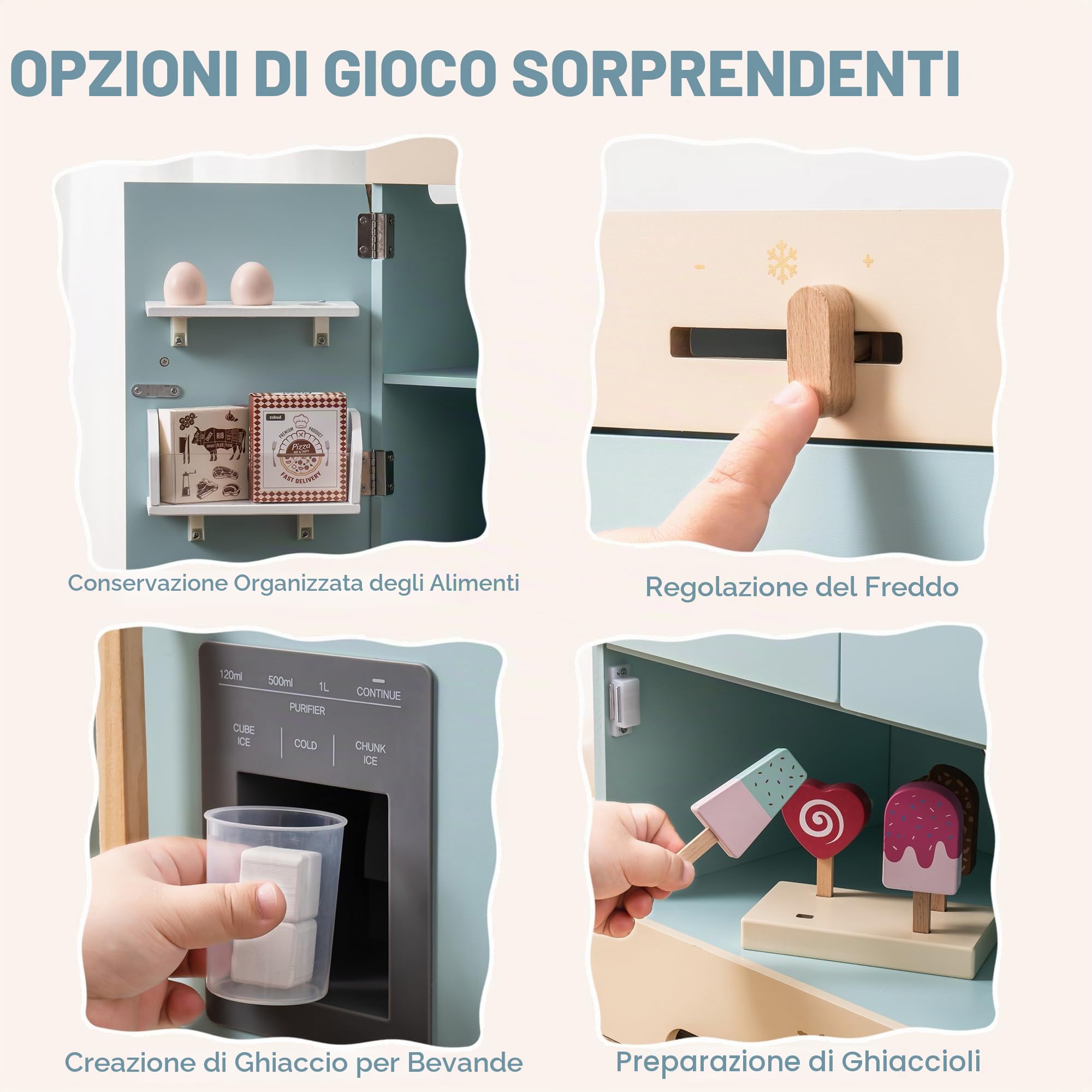 ROBUD Frigorifero in legno - realistico e interattivo con macchina per cubetti di ghiaccio e giocattoli alimentari - Adatto per bambini dai 3 anni in su