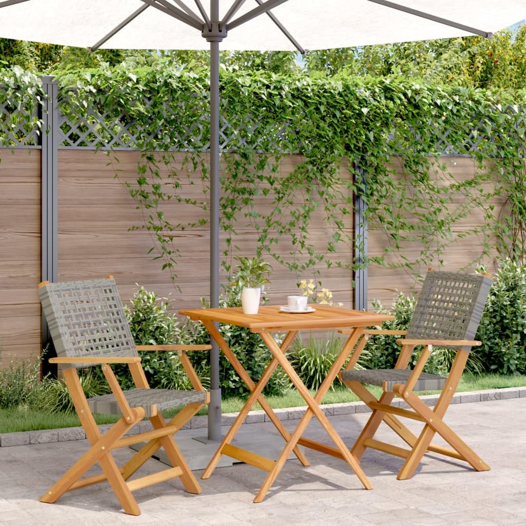 Set da 3 pezzi da bistrot in polyrattan e legno massello di acacia con funzione pieghevole per giardino, balcone, terrazza, resistente alle intemperie, set esterno con sedie e tavolo, in