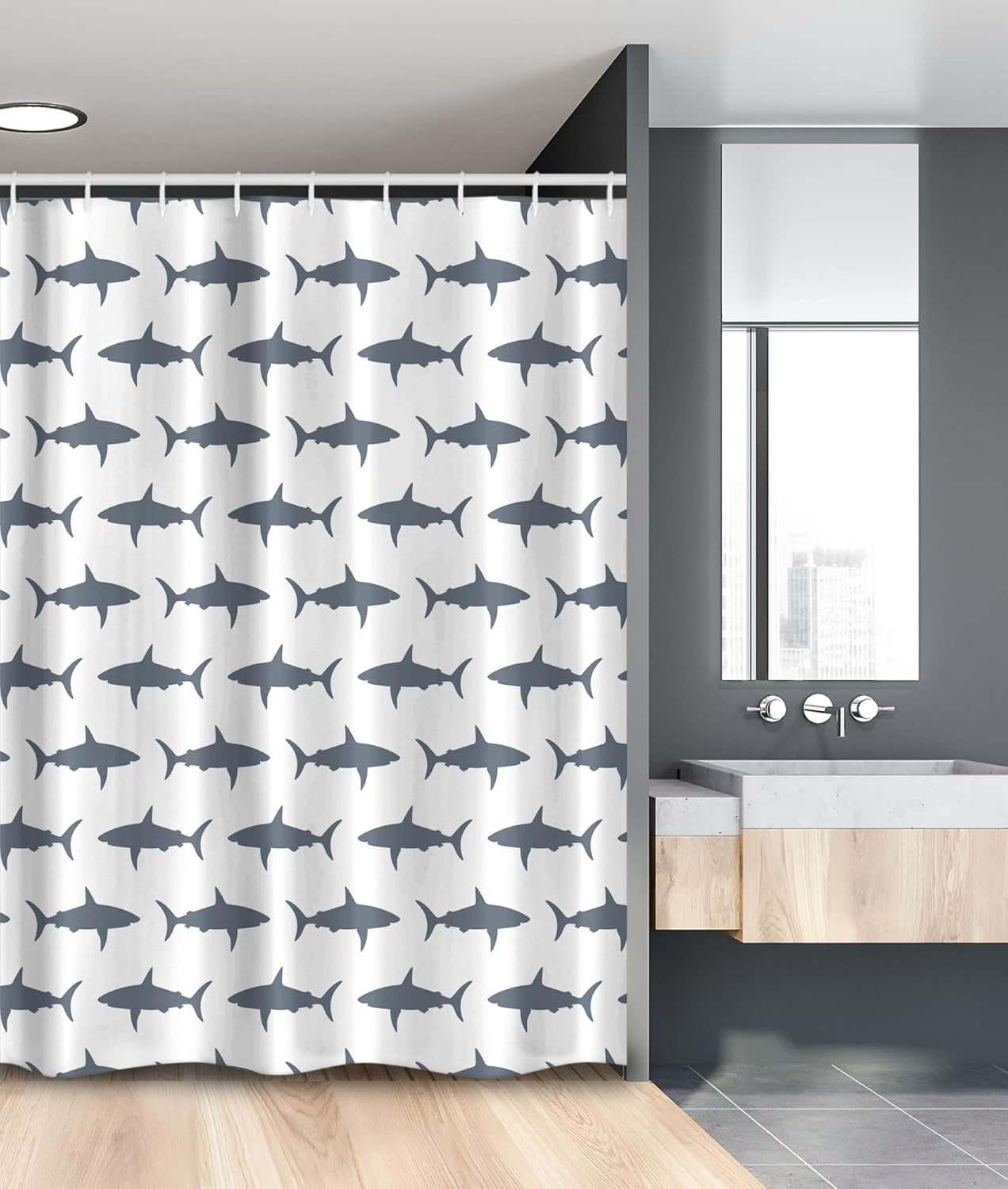 Ambesonne Sea Animals Stall Shower Curtain, Sharks Swimming Horizontal Silhouettes Powerful Dangerous Wild Life, Fabric Bathroom Decor Set with Hooks, 54" W x 78" L, Charcoal Grey