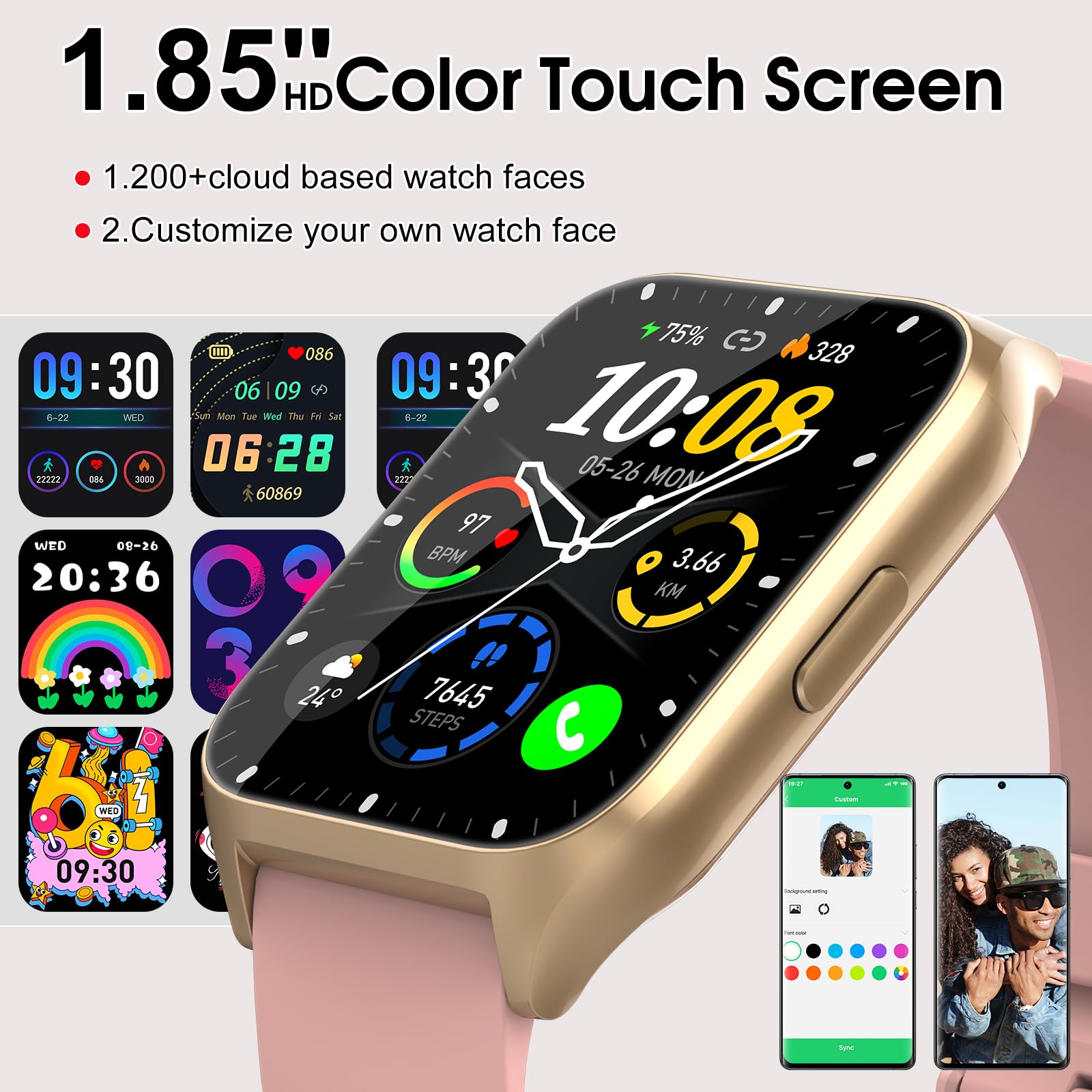 DUSONLAP Smartwatch Uomo Donna, 1.85" HD Orologio Smartwatch con funzione chiamata, 113+ Sportive Smart Watch con Sonno/Cardiofrequenzimetro/Contapassi, Impermeabil IP68 Fitness Tracker, Rosa