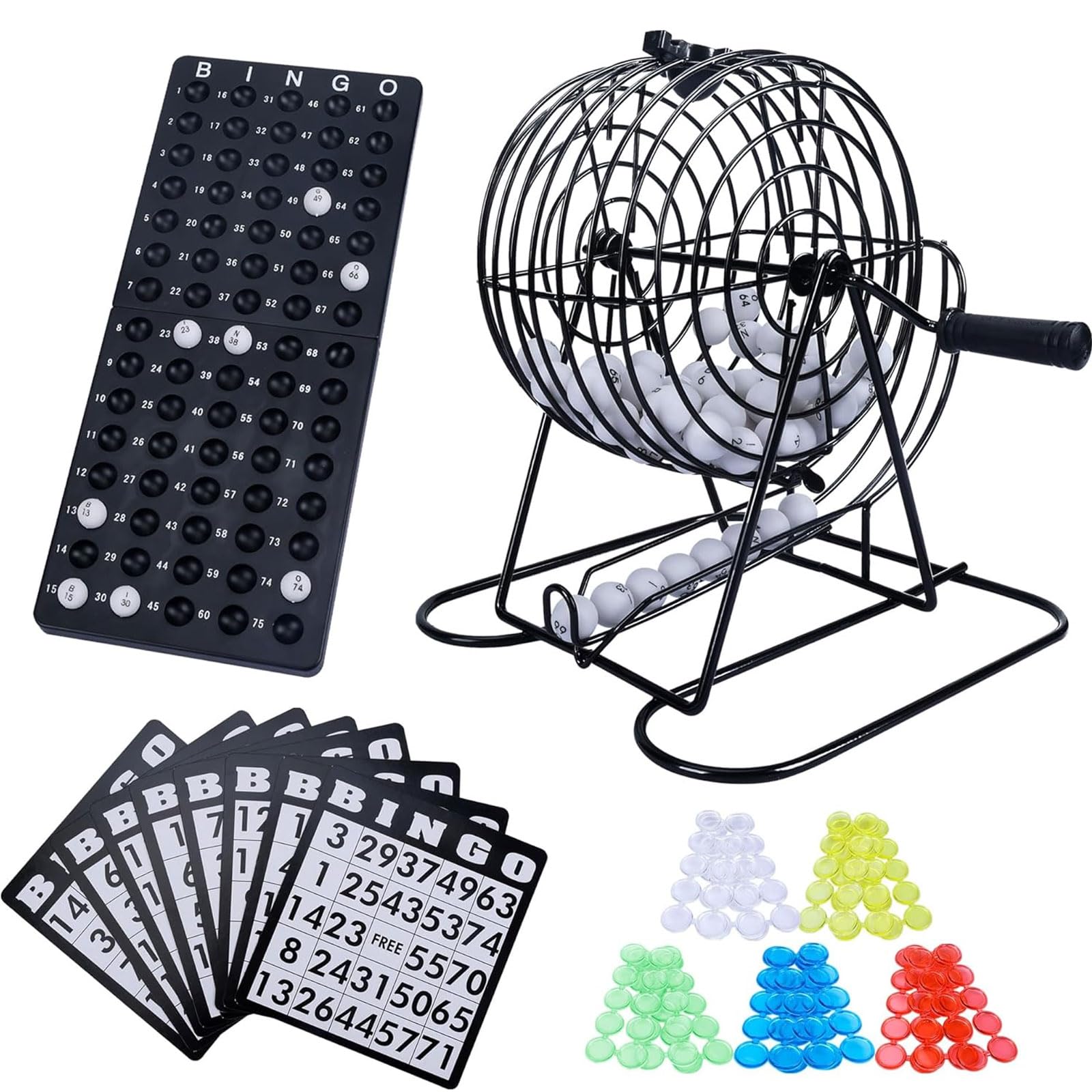Houbobo Bingo Game Set, Bingo Metal Cage with 75 White Bingo Balls, 18 Cards, 150 Coloured Markers and 2 Ball Boards for Party, Large Groups, Family Game ﻿
