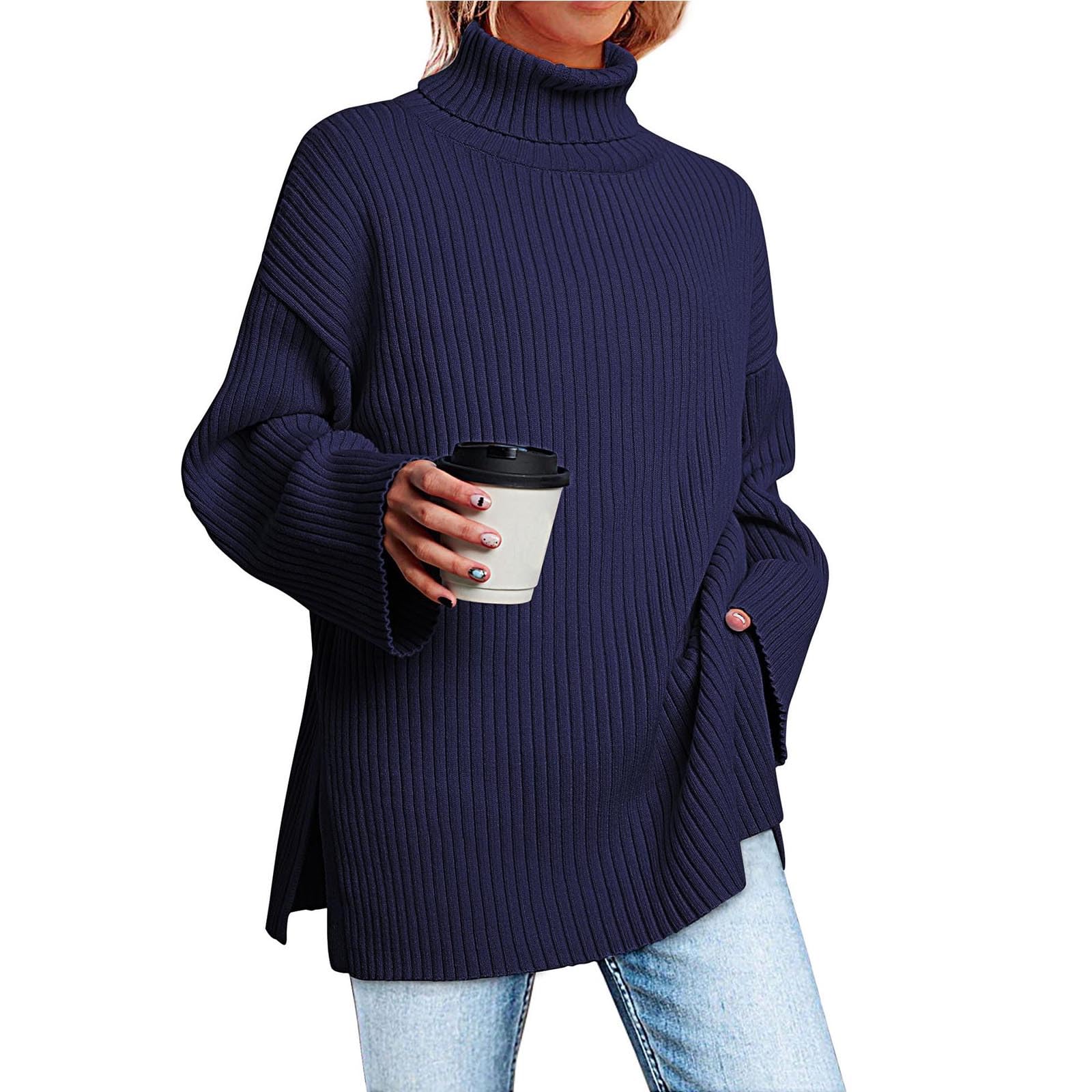 Greabuy Maglione a collo alto oversize alla moda da donna maglione a costine felpa per donna maglione casual camicie da donna maglioni da donna felpe leggere in maglia, blu navy, XXL