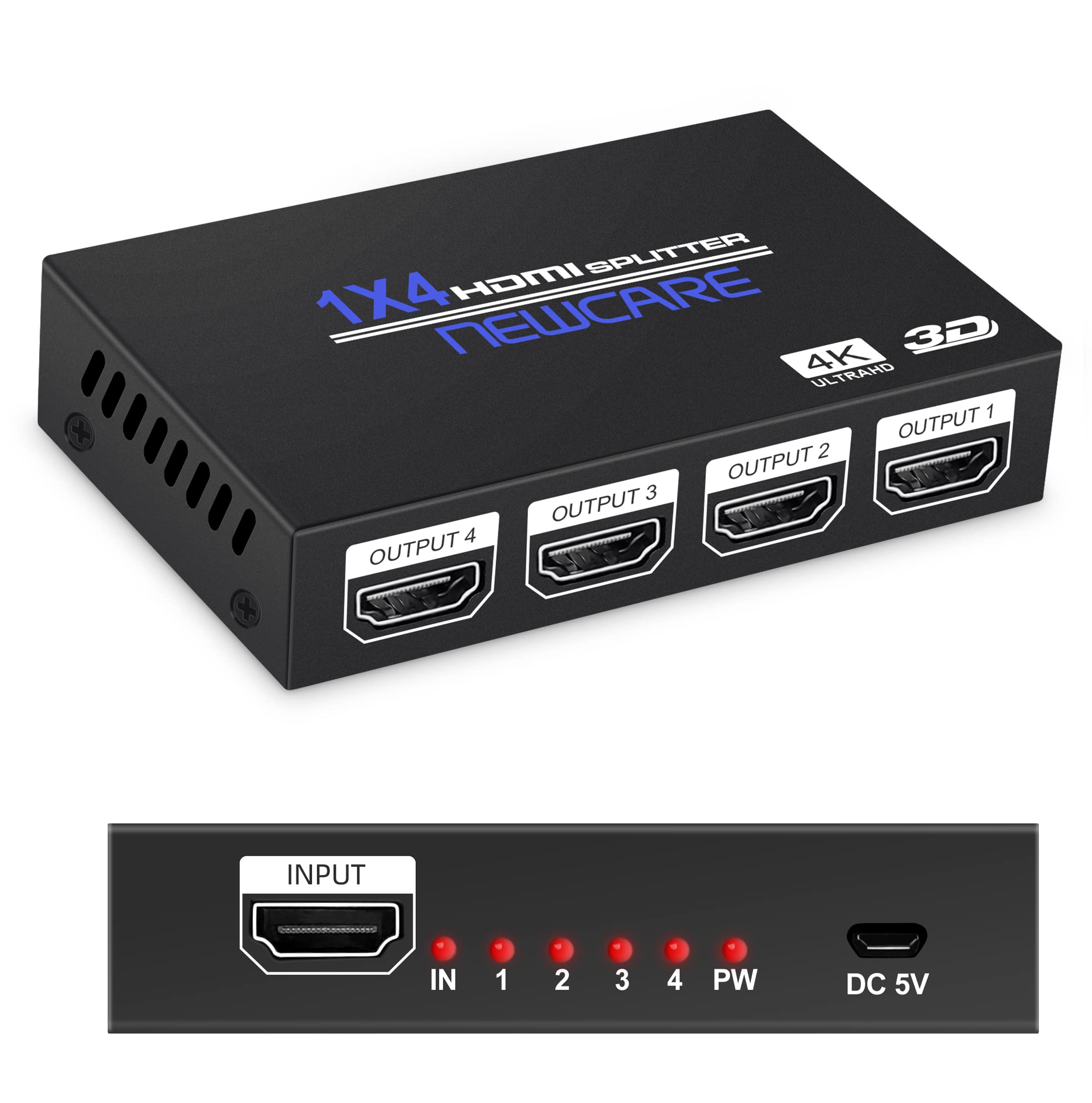 NEWCARE 4K HDMI Splitter 1x4, Supports 4K@30Hz, Compatible with Xbox PS3/4, PC, Roku, Blu-Ray Player, HDTV