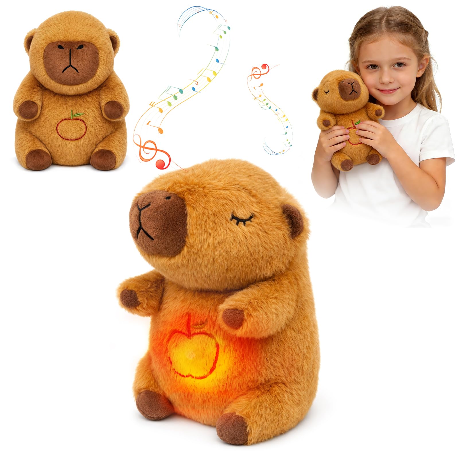 Einschlafhilfe Babys Kuscheltier,Baby Kuscheltier mit Musik,Atmet Einschlafhilfe Tier,Atmendes Stofftier,Schlummer Kuscheltier Mit Atembewegung für Babys - ab Geburt (Braun Capybara)